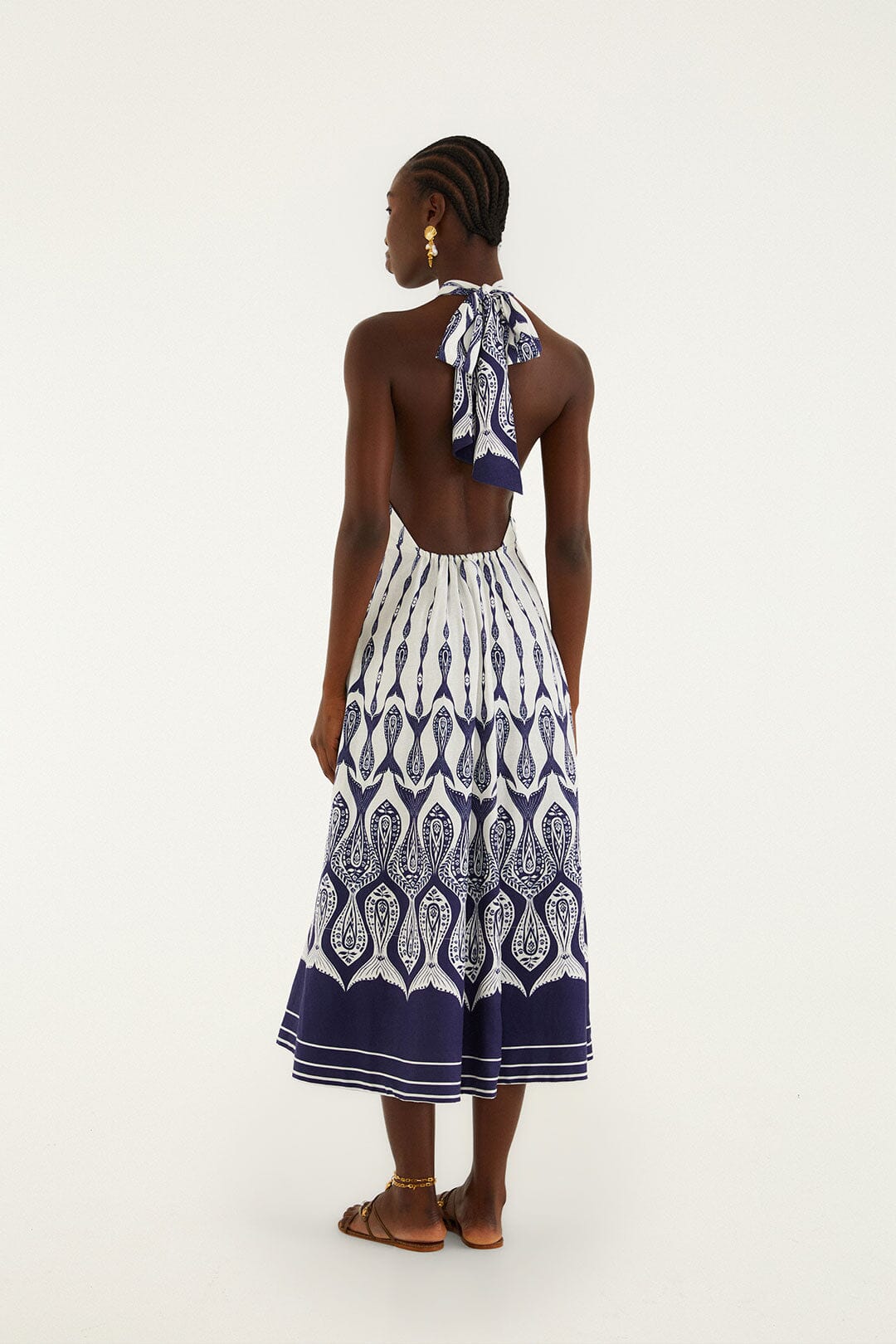 FARM Rio Shop Off-White Fishes Flow Halter Neck Lenzing Ecovero Euroflax Midi Dress