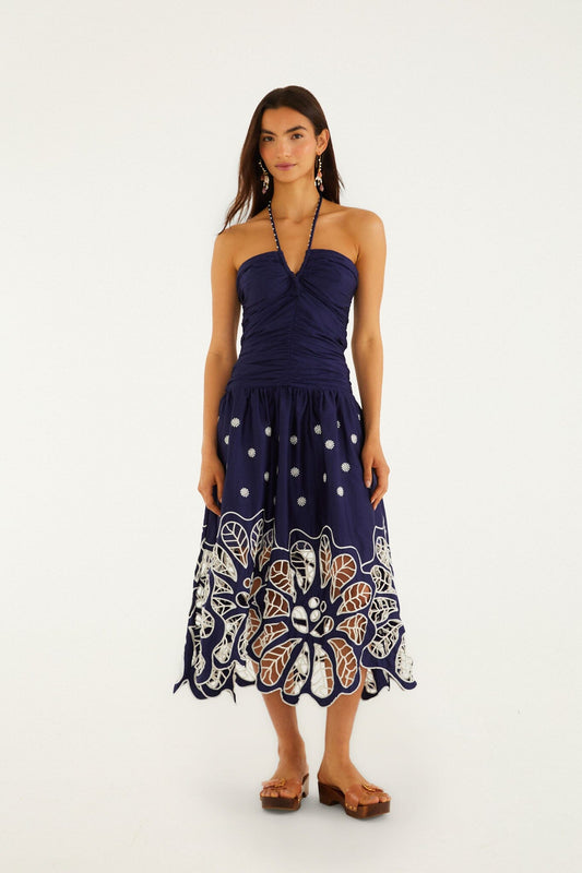 FARM Rio Shop Navy Blue Embroidered Richelieu Midi Dress