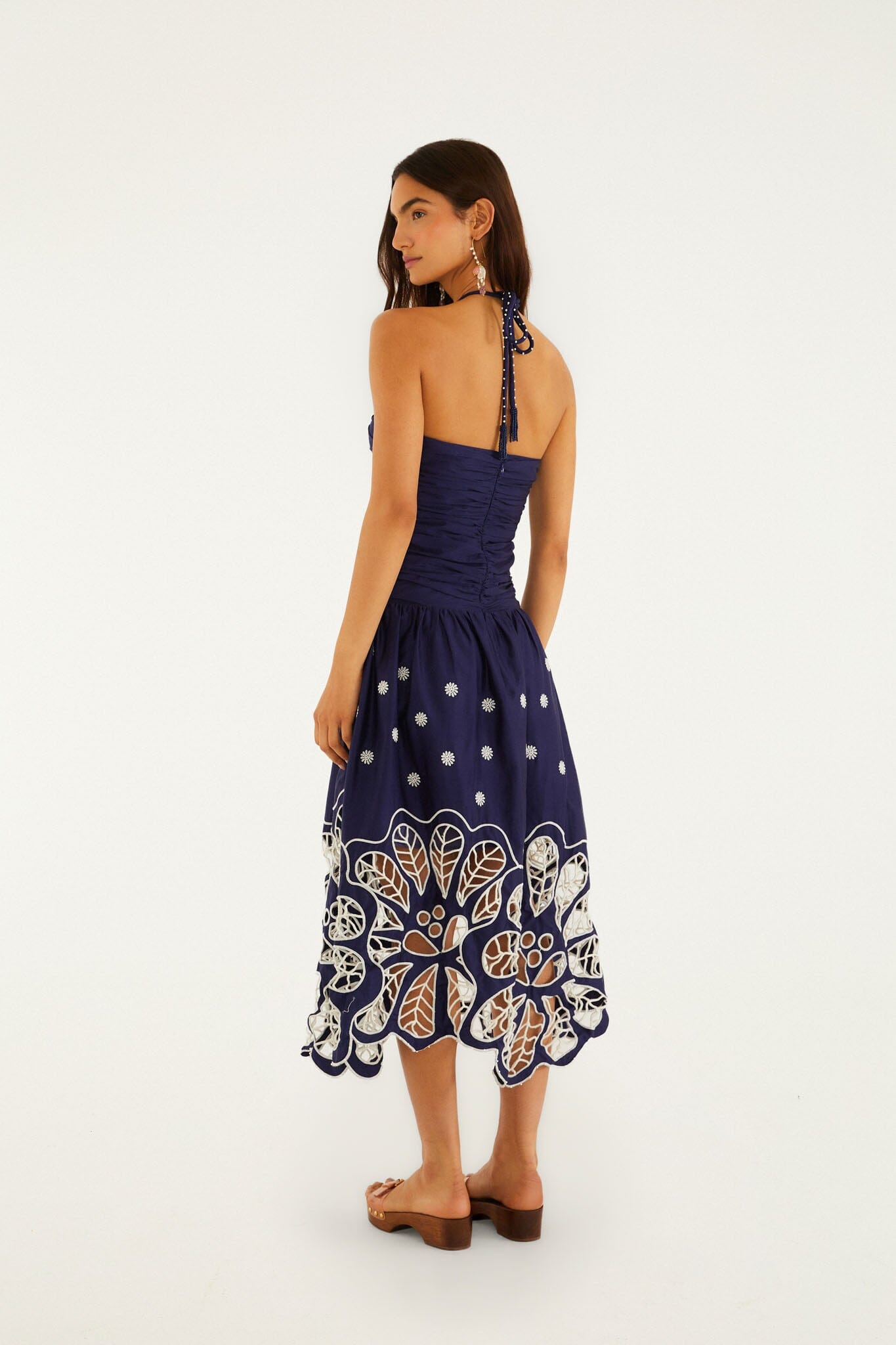FARM Rio Shop Navy Blue Embroidered Richelieu Midi Dress