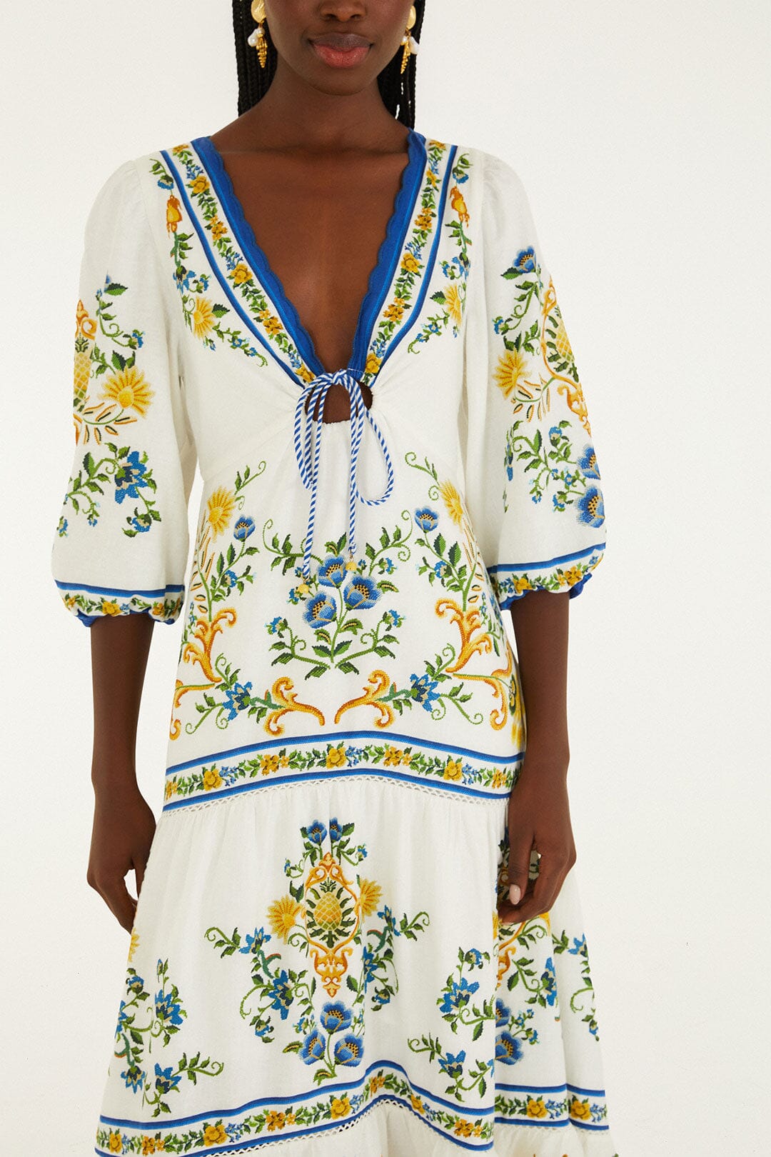 FARM Rio Shop Off-White Emily Floral Tapestry Drawstring Midi Dress