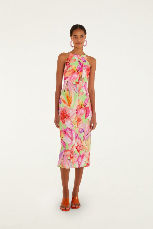 FARM Rio Shop Multicolor Artsy Flora Euroflax Premium Linen Midi Dress