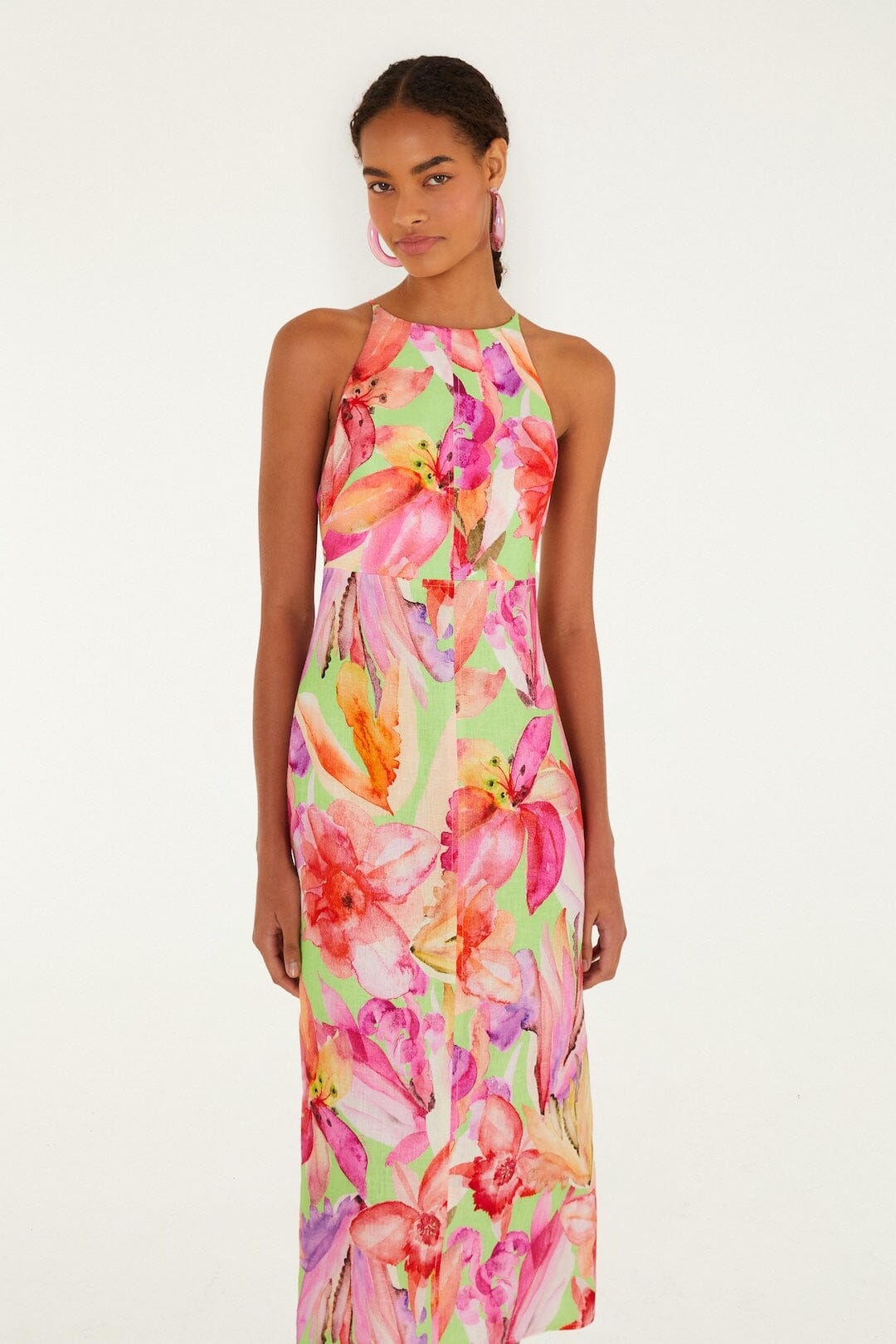 FARM Rio Shop Multicolor Artsy Flora Euroflax Premium Linen Midi Dress