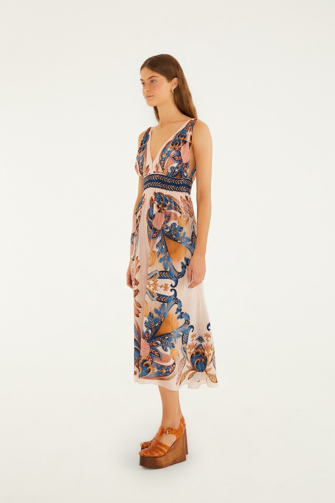 FARM Rio Shop Soft Pink Garden Scarf V Neck Midi Dress