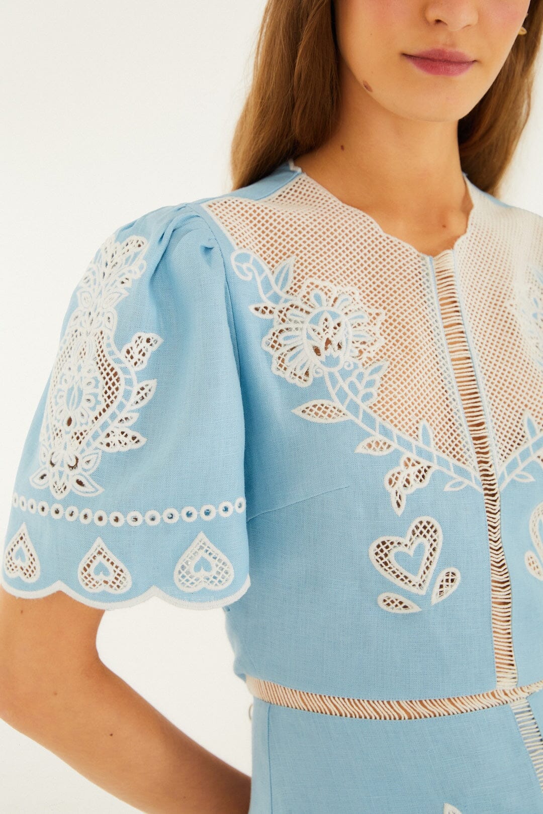 FARM Rio Shop Light Blue Embroidered Euroflax Premium Linene Midi Dress