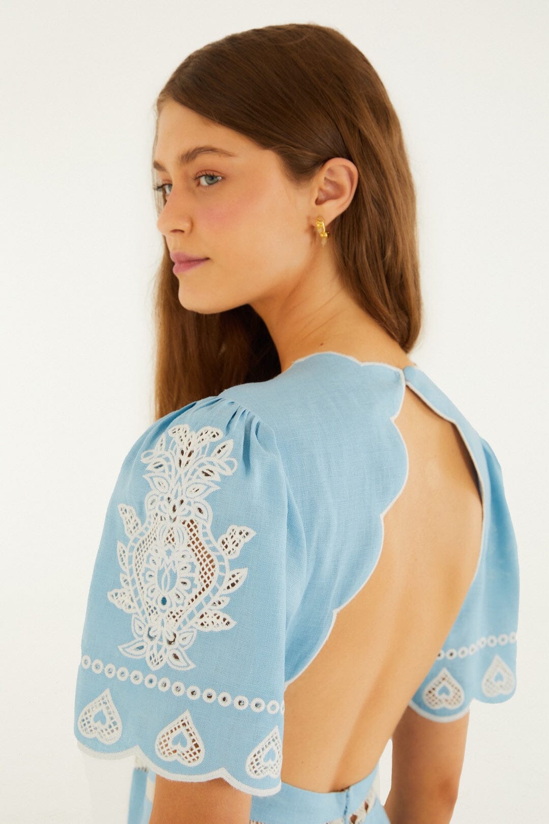 FARM Rio Shop Light Blue Embroidered Euroflax Premium Linene Midi Dress