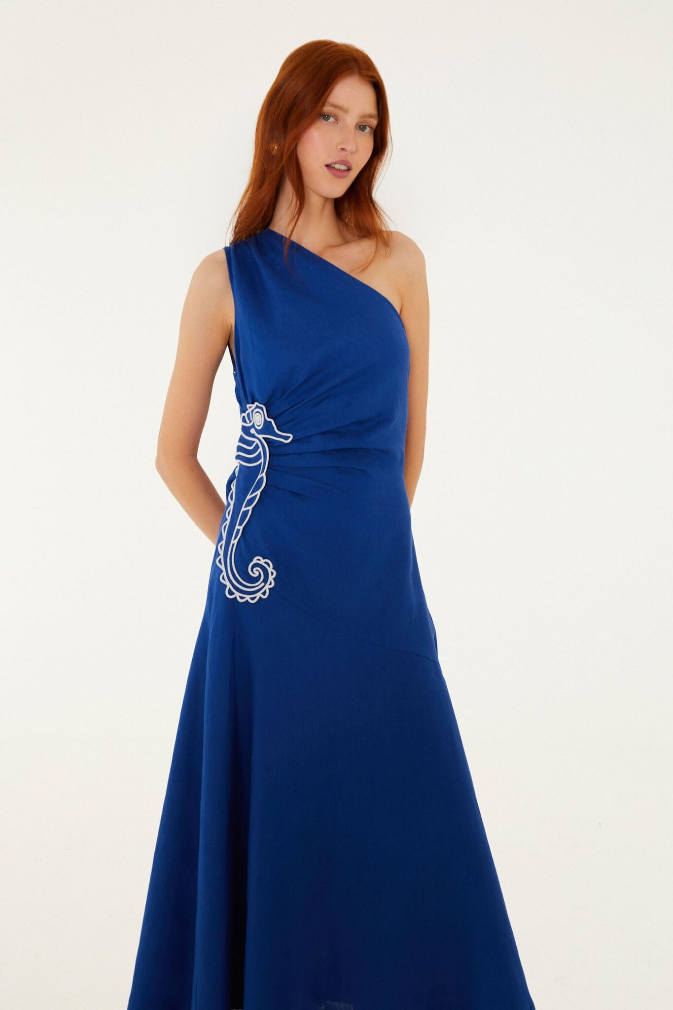 FARM Rio Shop Blue Seahorse Embroidery One-Shoulder Euroflax Premium Linen Maxi Dress
