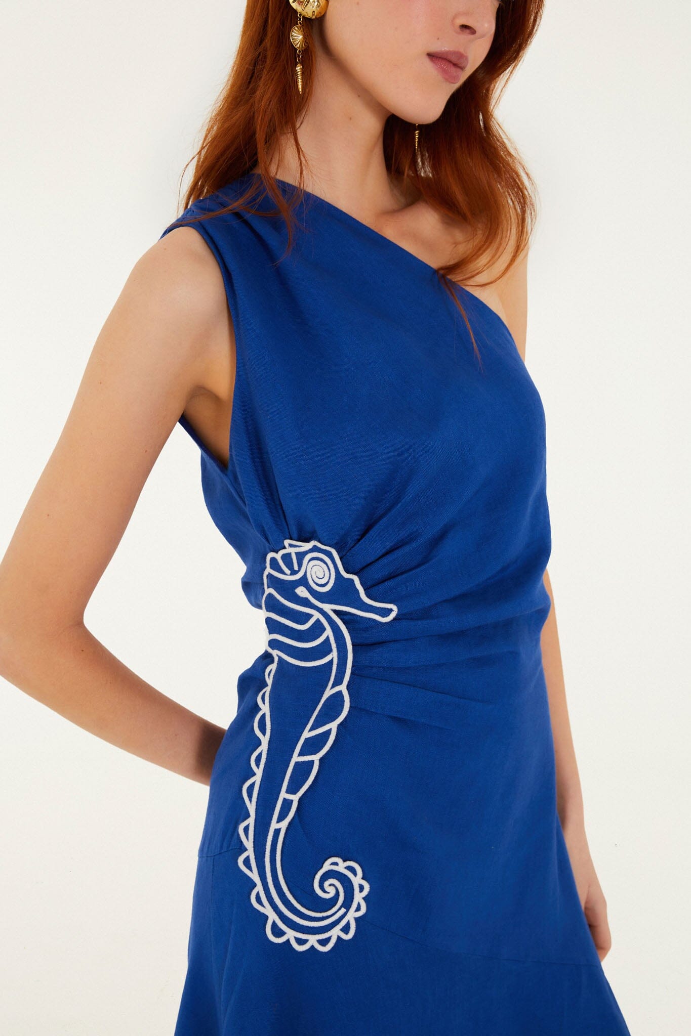 FARM Rio Shop Blue Seahorse Embroidery One-Shoulder Euroflax Premium Linen Maxi Dress