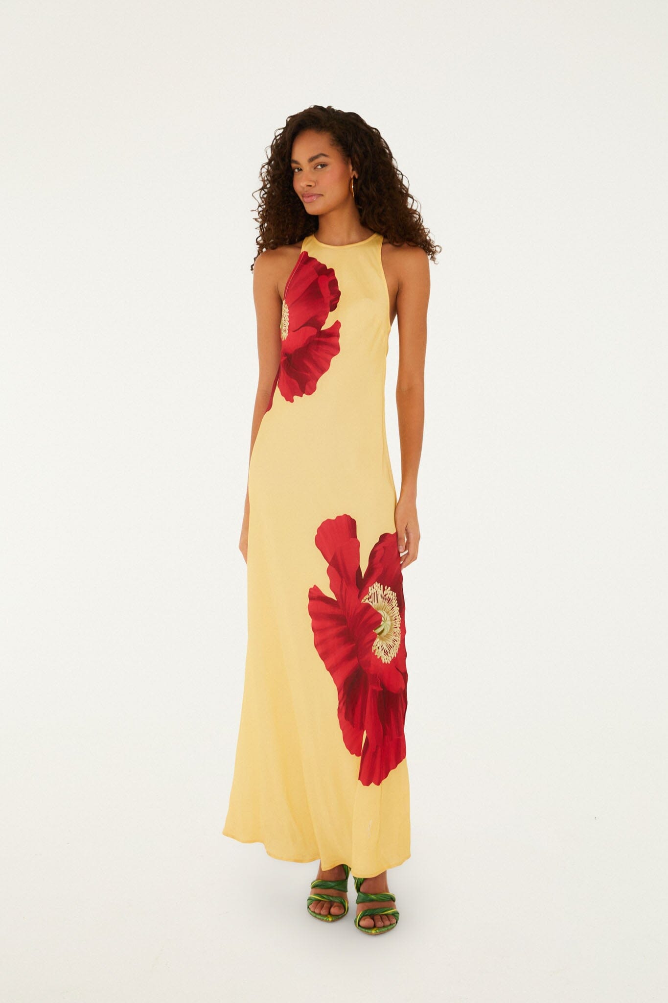 FARM Rio Shop Light Yellow Poppy Flowers Sleeveless Lenzing Ecovero Viscose Maxi Dress