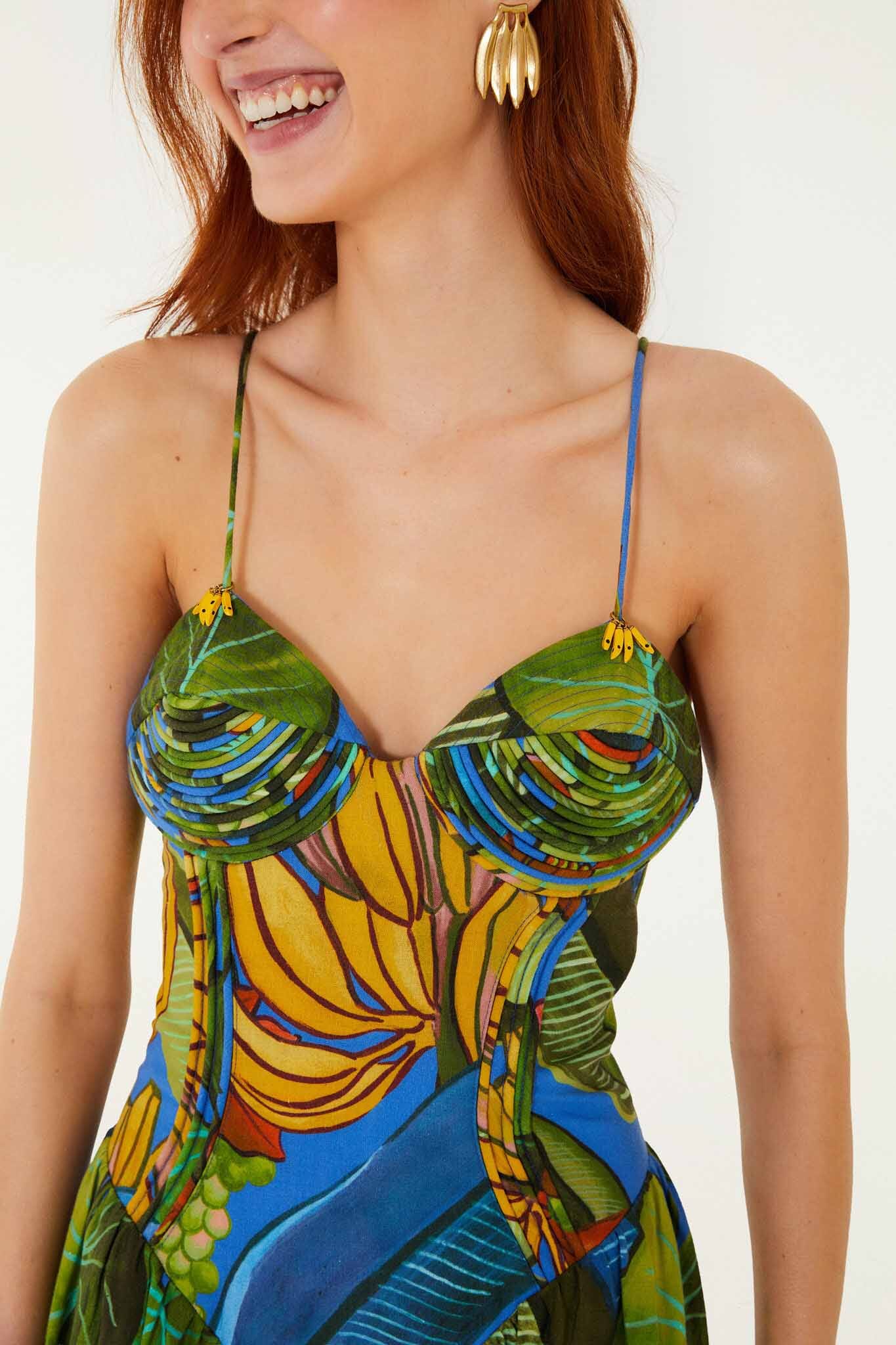FARM Rio Shop Blue Banana Grapes 3d Bodice Sleeveless Maxi Dress