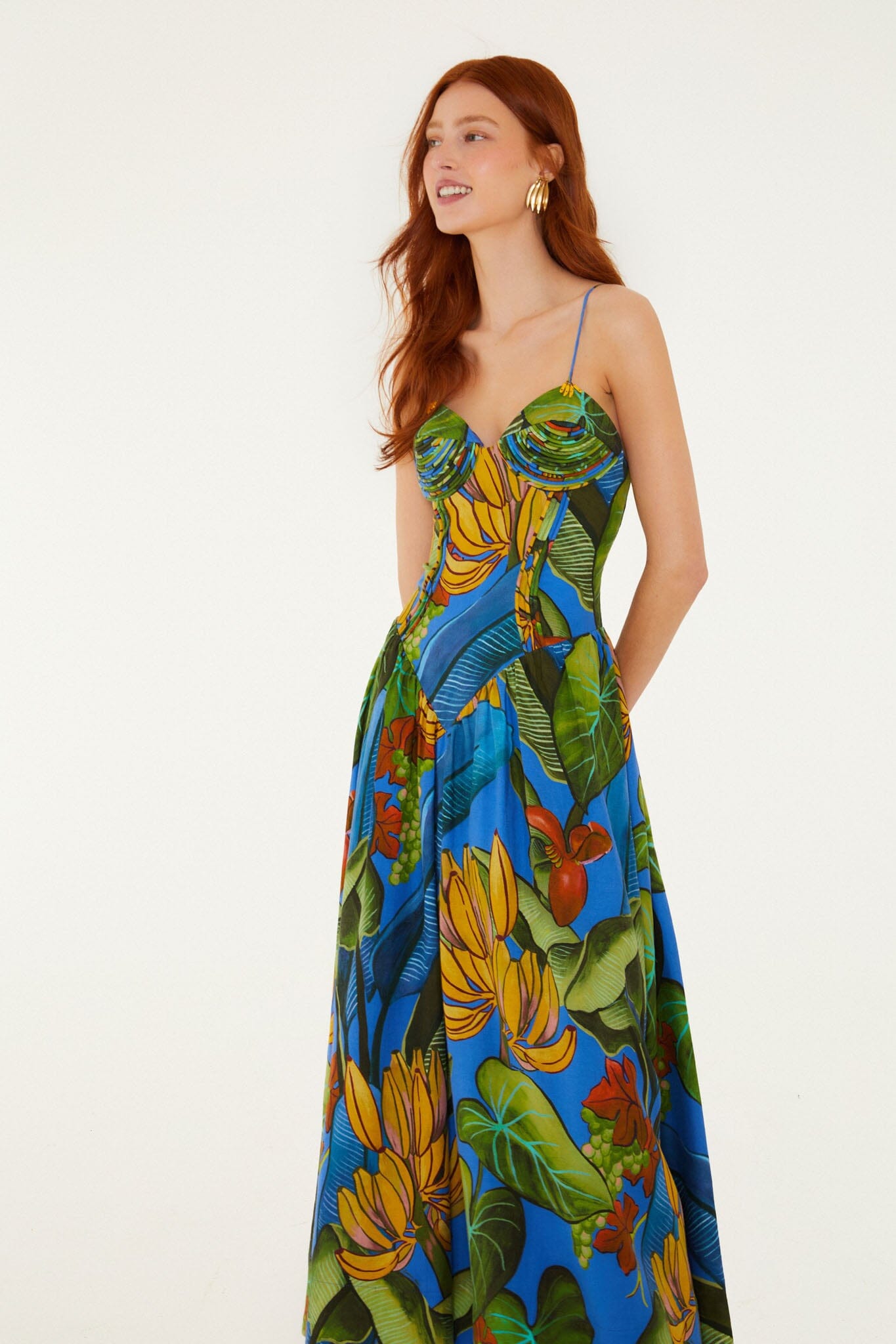 FARM Rio Shop Blue Banana Grapes 3d Bodice Sleeveless Maxi Dress