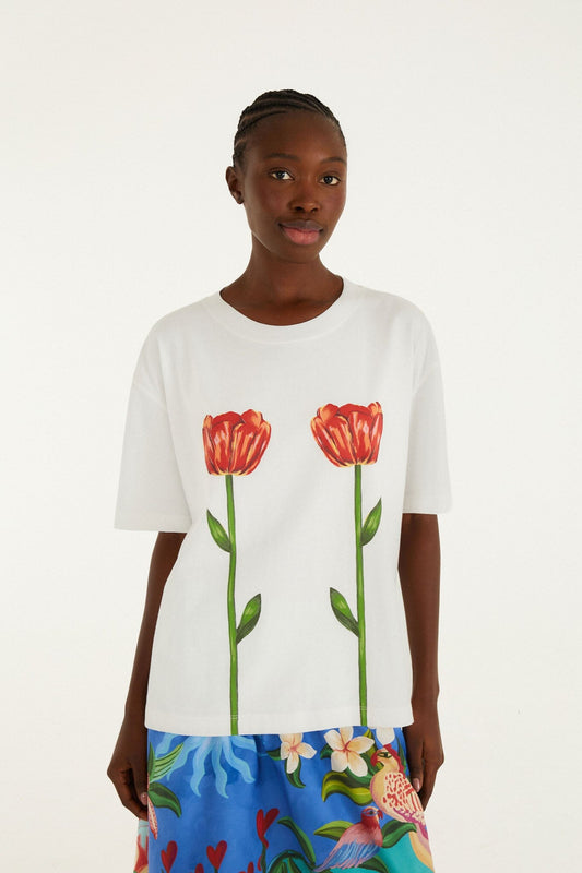 FARM Rio Shop White Tropical Rose Organic Cotton T-Shirt