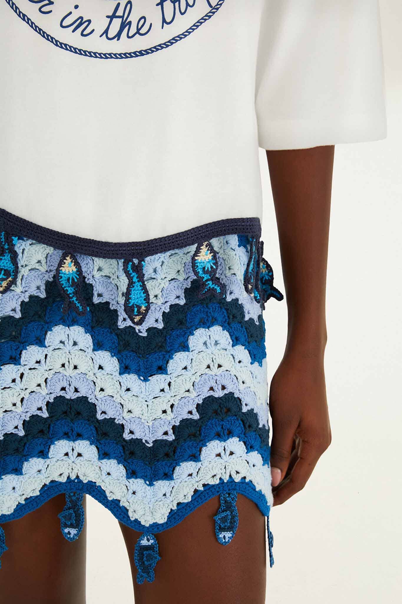 FARM Rio Shop Off-White Summer In The Tropics Crochet Hem T-Shirt
