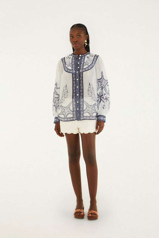 FARM Rio Shop Off-White Coast Scarf Long Sleeve Blouse