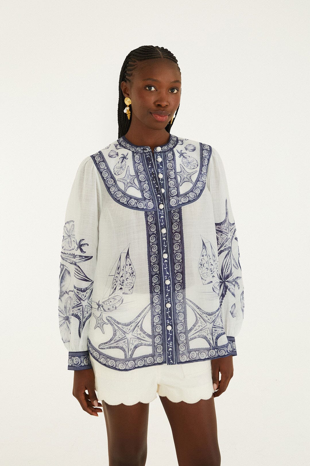 FARM Rio Shop Off-White Coast Scarf Long Sleeve Blouse