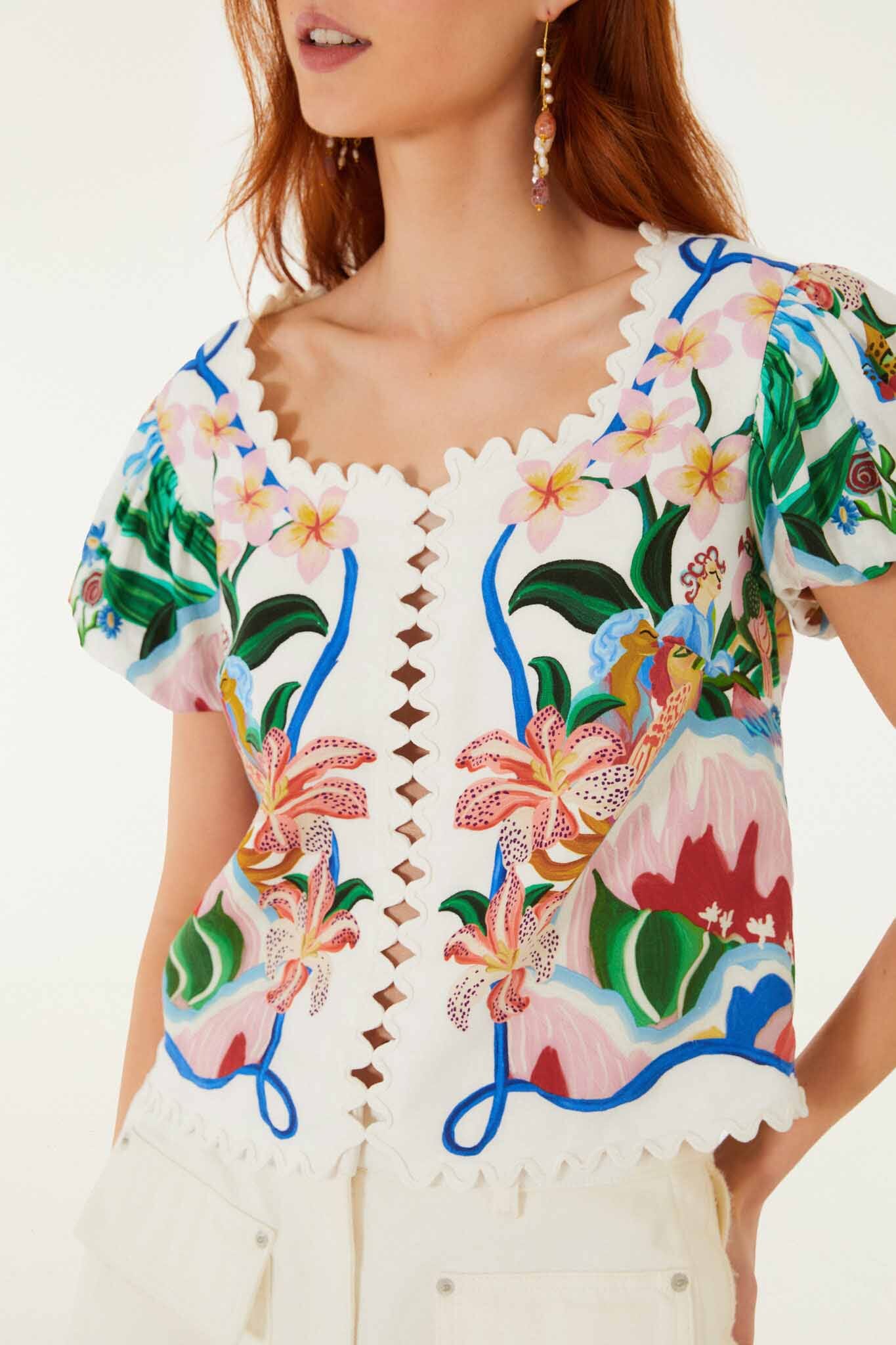 FARM Rio Shop Off-White Garden Of Life Scarf Scalloped Blouse