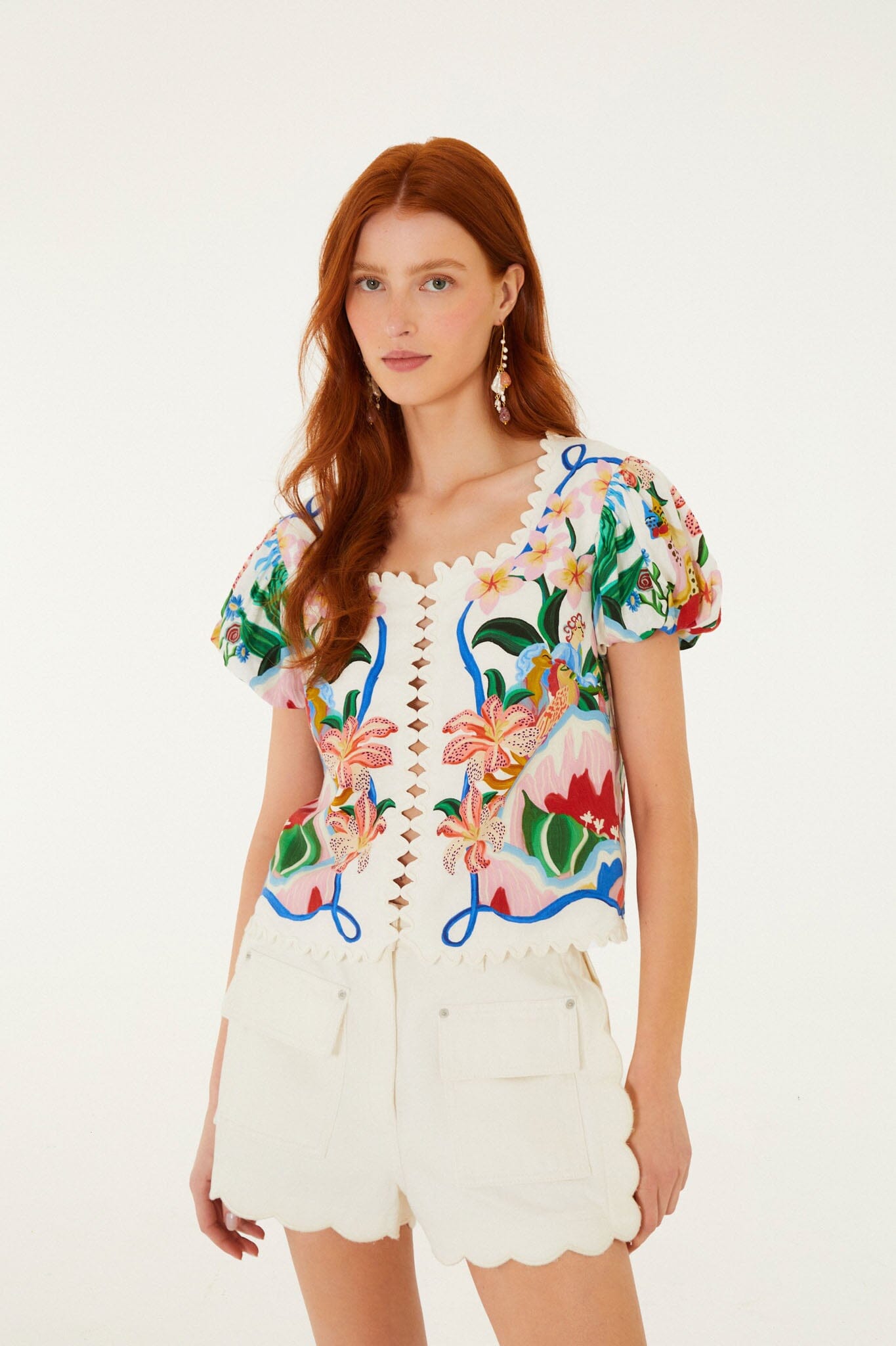 FARM Rio Shop Off-White Garden Of Life Scarf Scalloped Blouse
