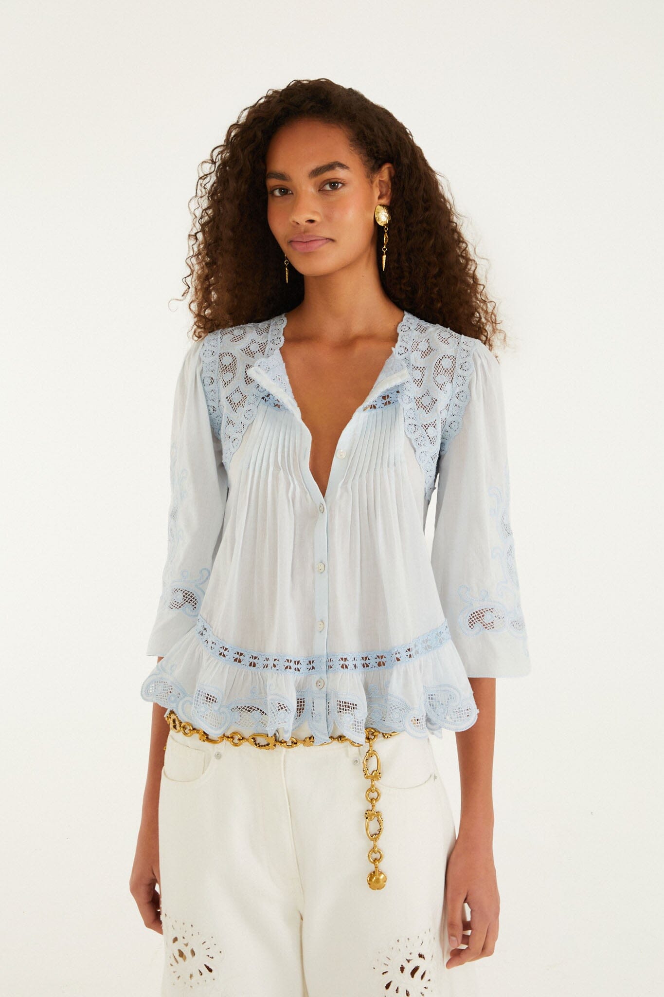 FARM Rio Shop Light Blue Richelieu Short Sleeve Blouse