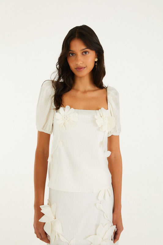 FARM Rio Shop Off-White 3d Flowers Puff Sleeve Blouse