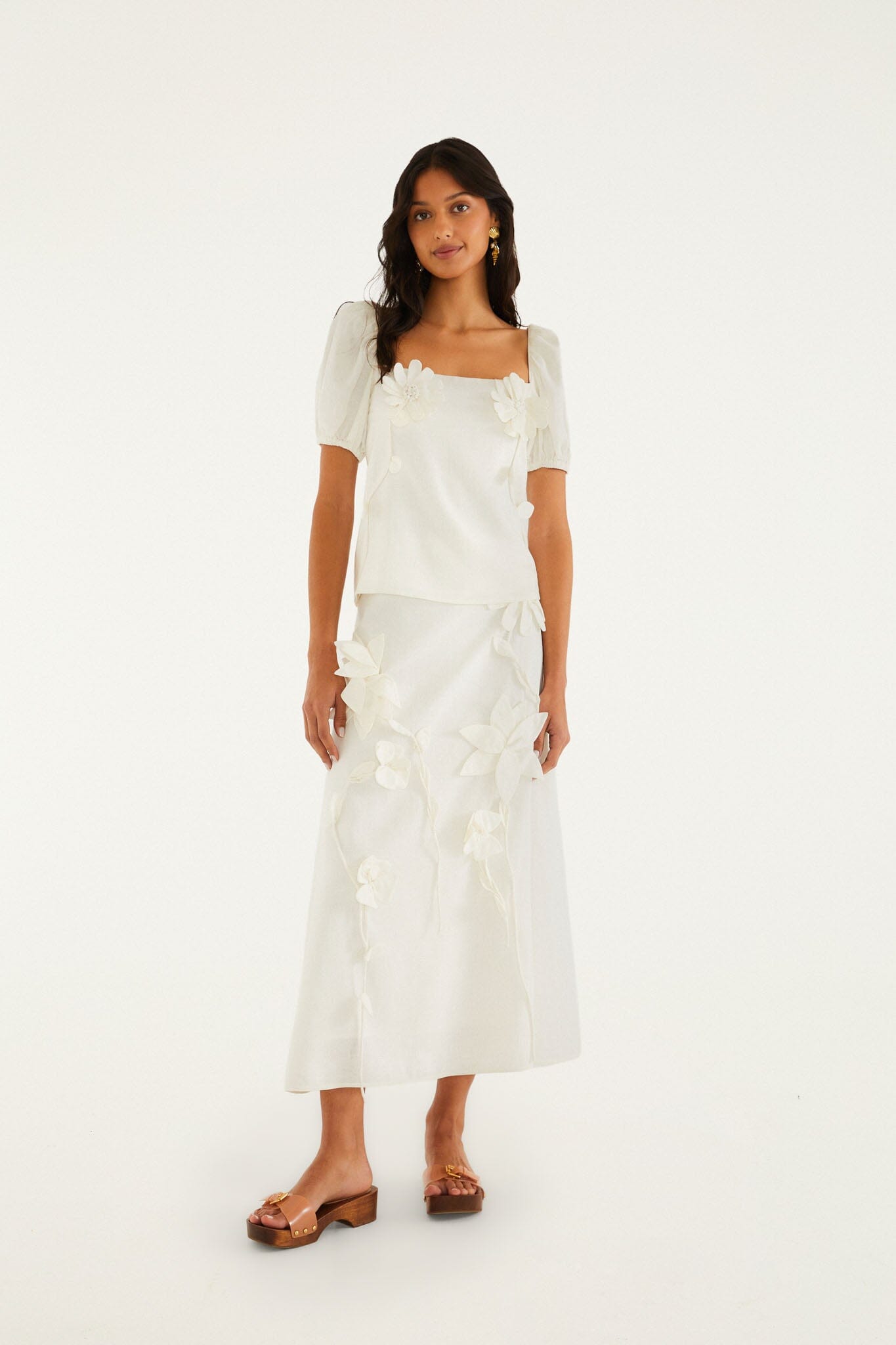 FARM Rio Shop Off-White 3d Flowers Puff Sleeve Blouse