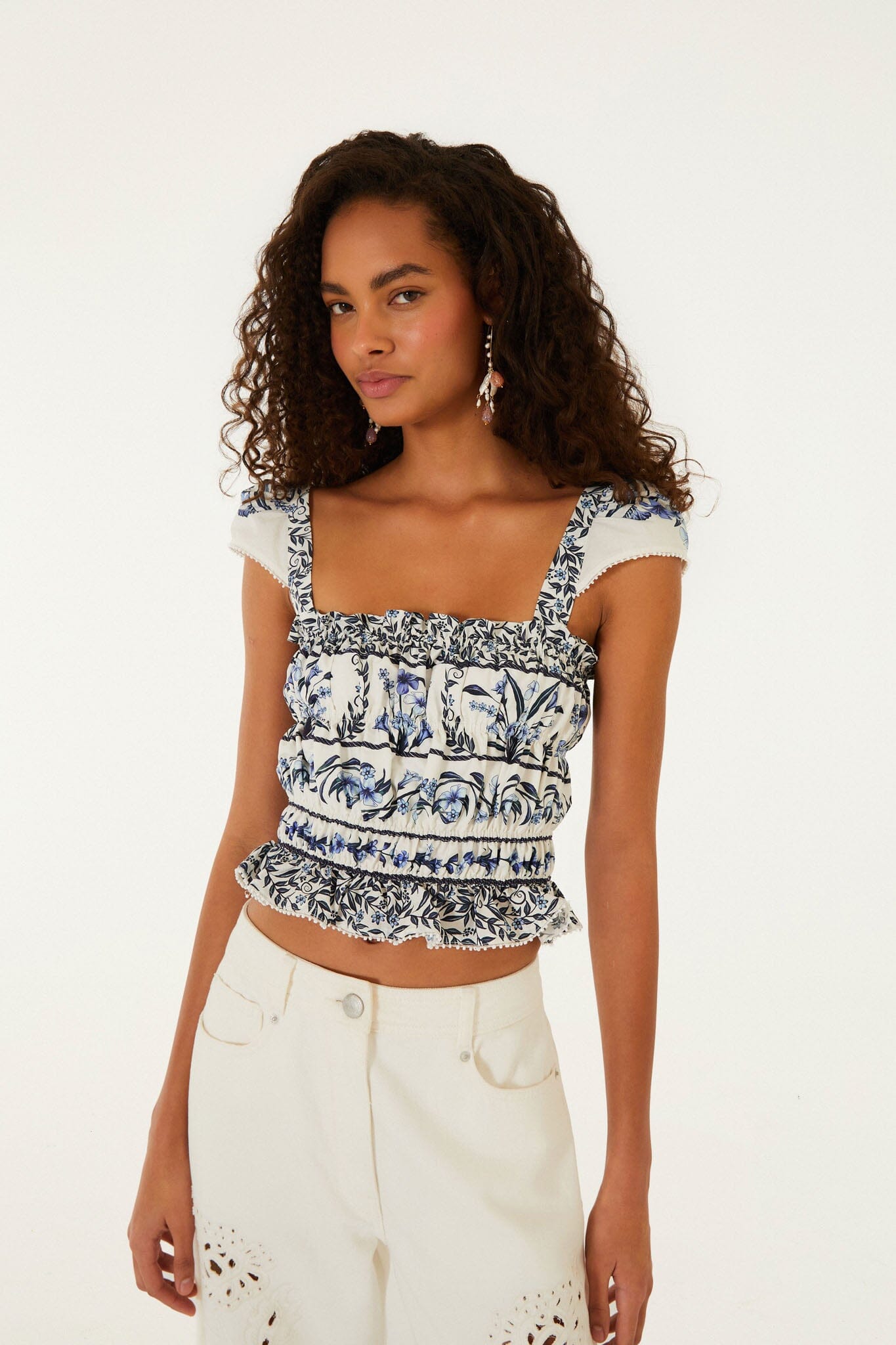 FARM Rio Shop Off-White Flowers Arch Smocked Organic Cotton Blouse