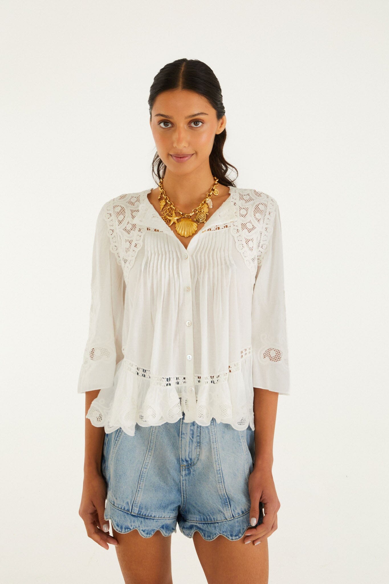 FARM Rio Shop Off-White Richelieu Short Sleeve Blouse