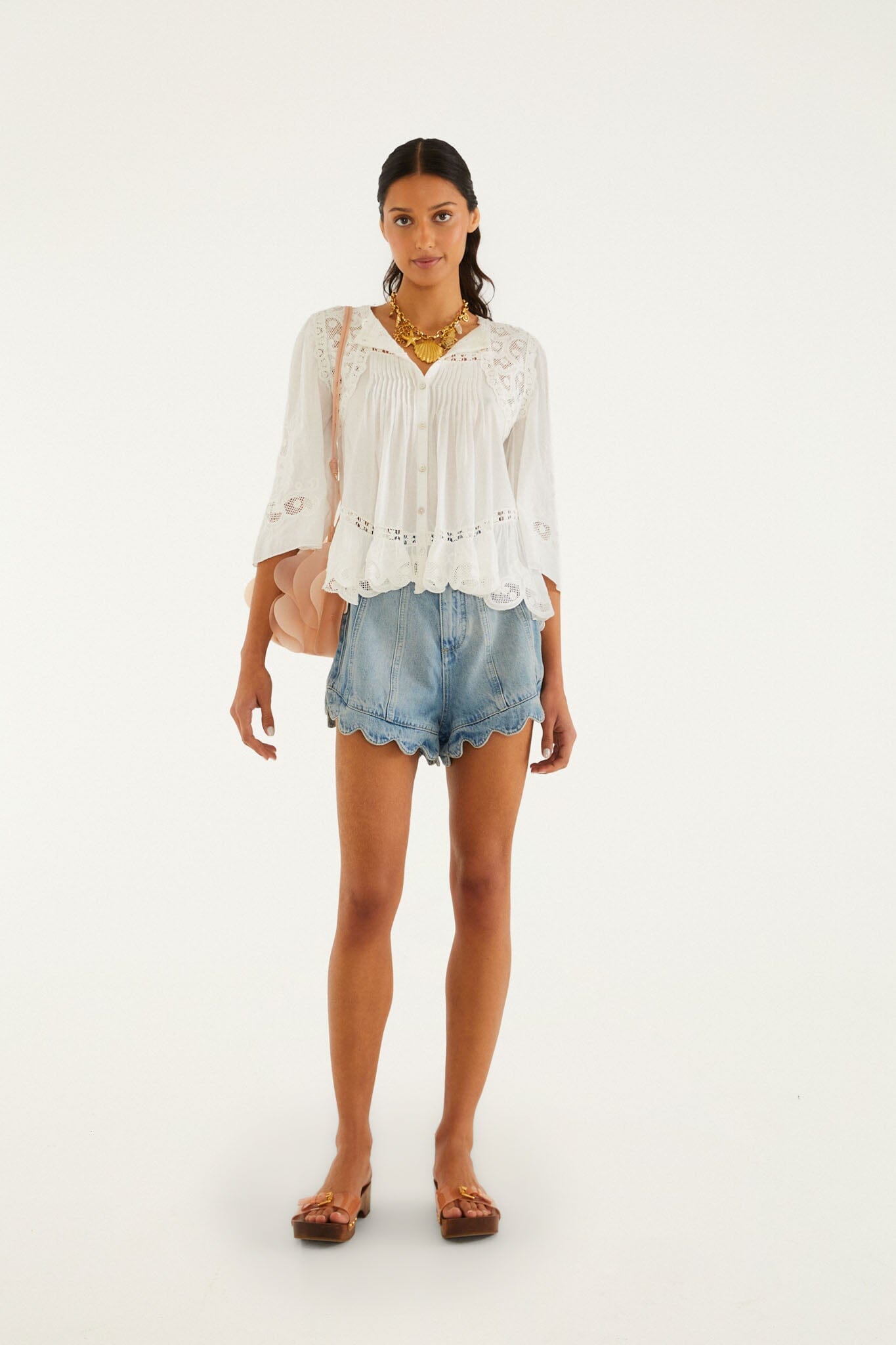 FARM Rio Shop Off-White Richelieu Short Sleeve Blouse