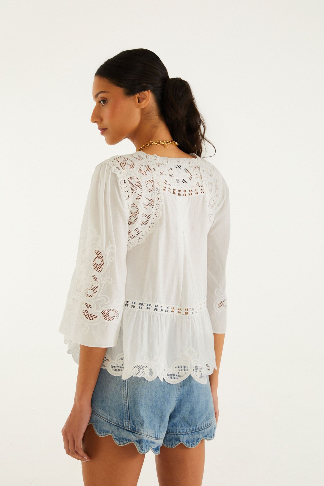 FARM Rio Shop Off-White Richelieu Short Sleeve Blouse