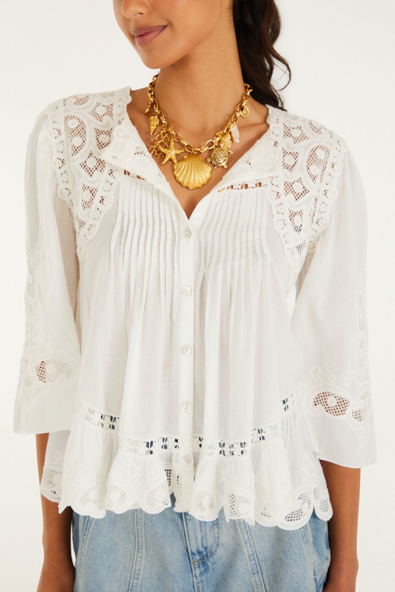 FARM Rio Shop Off-White Richelieu Short Sleeve Blouse