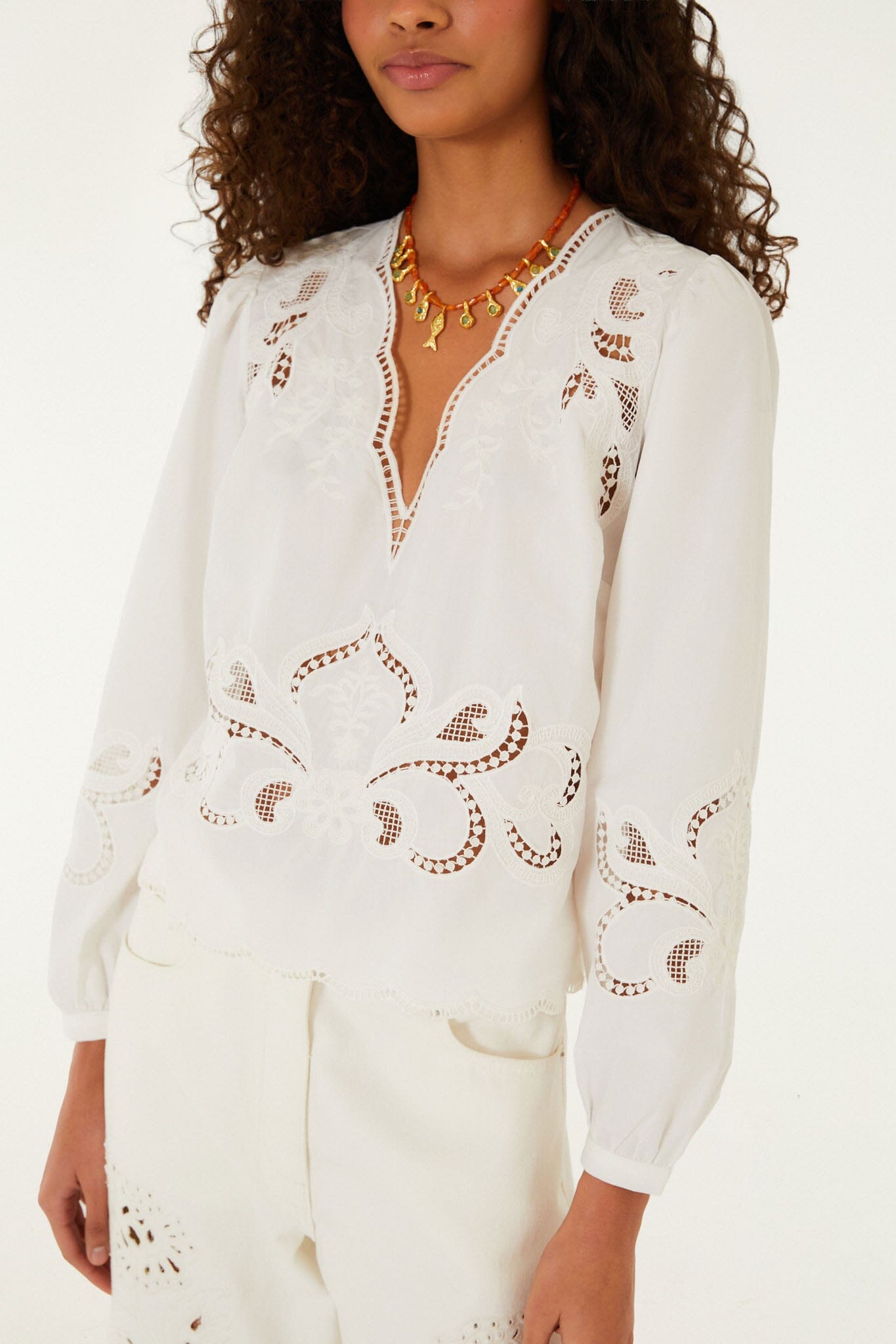 FARM Rio Shop Off-White Richelieu Long Sleeve Blouse