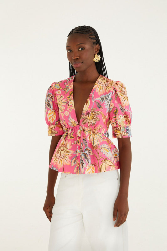 FARM Rio Shop Pink Ligia Floral Puff Sleeve Organic Cotton Blouse