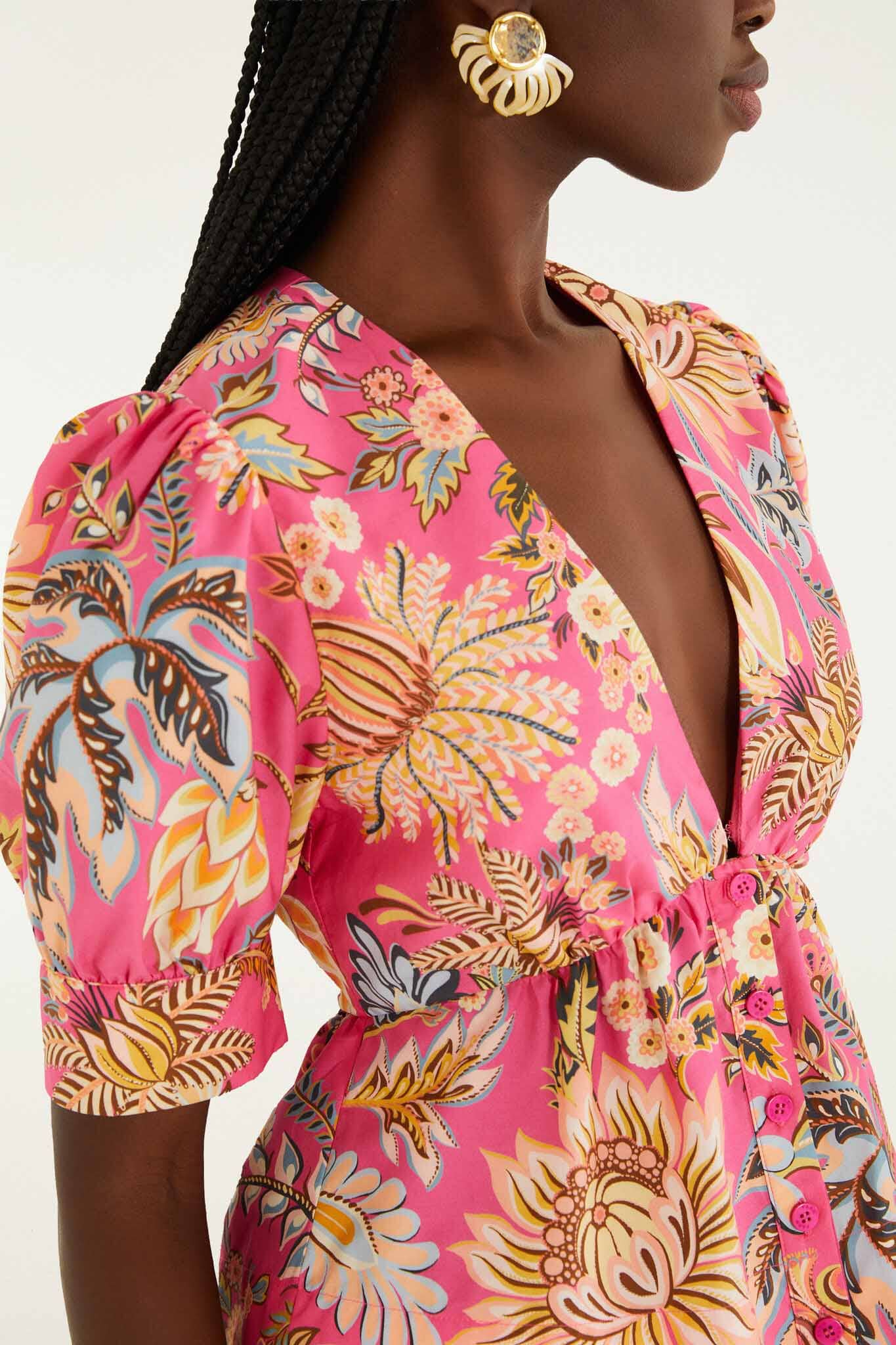 FARM Rio Shop Pink Ligia Floral Puff Sleeve Organic Cotton Blouse