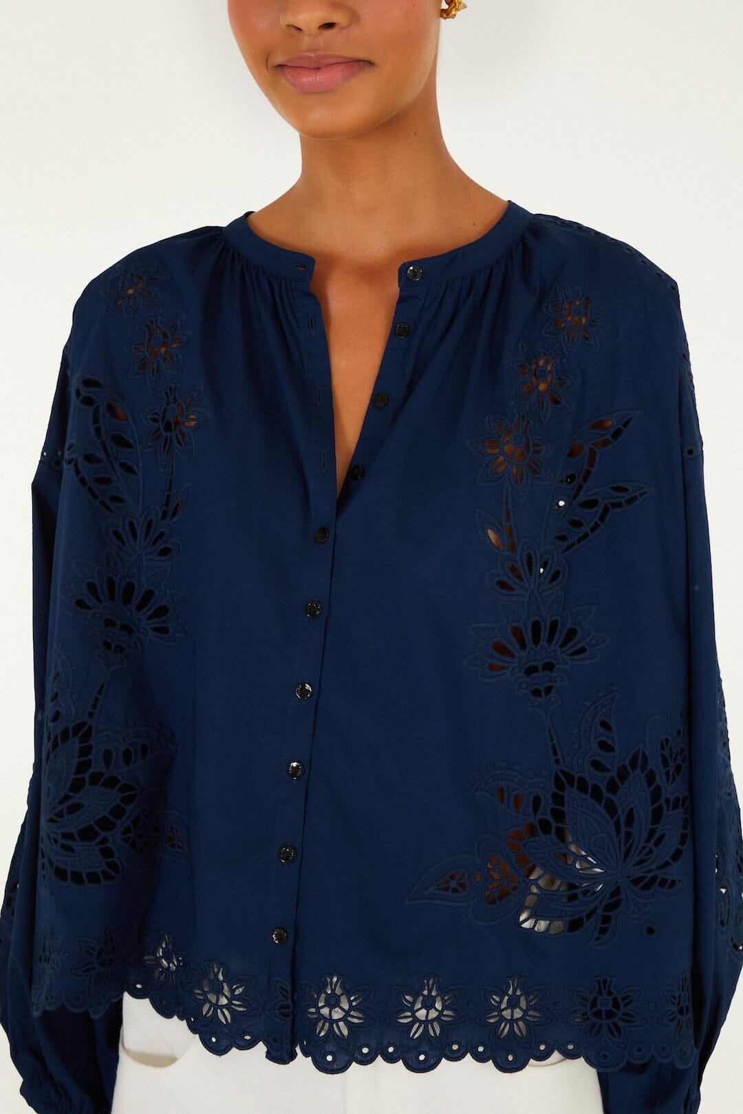 FARM Rio Shop Navy Blue Artisanal Long Sleeve Blouse