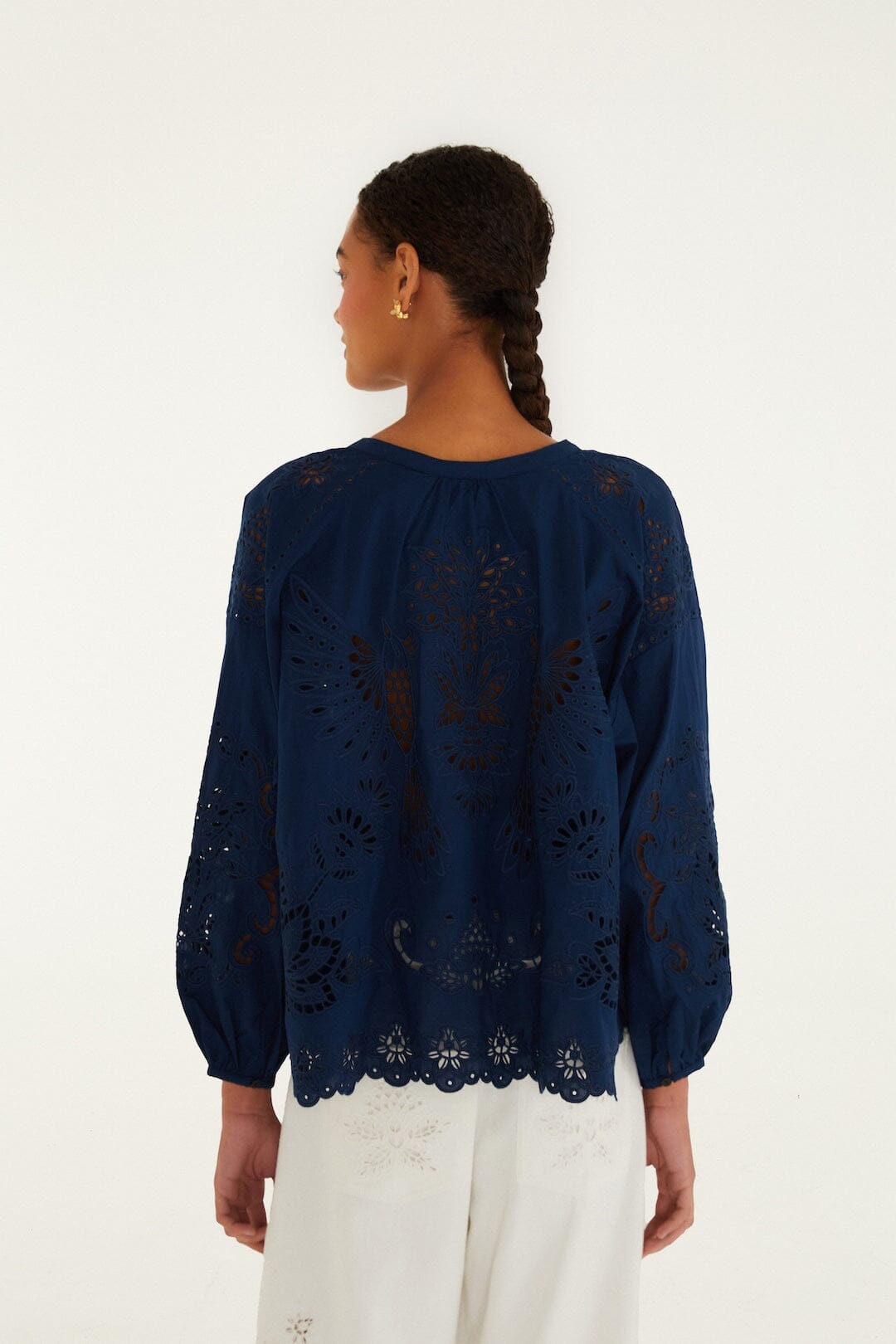 FARM Rio Shop Navy Blue Artisanal Long Sleeve Blouse