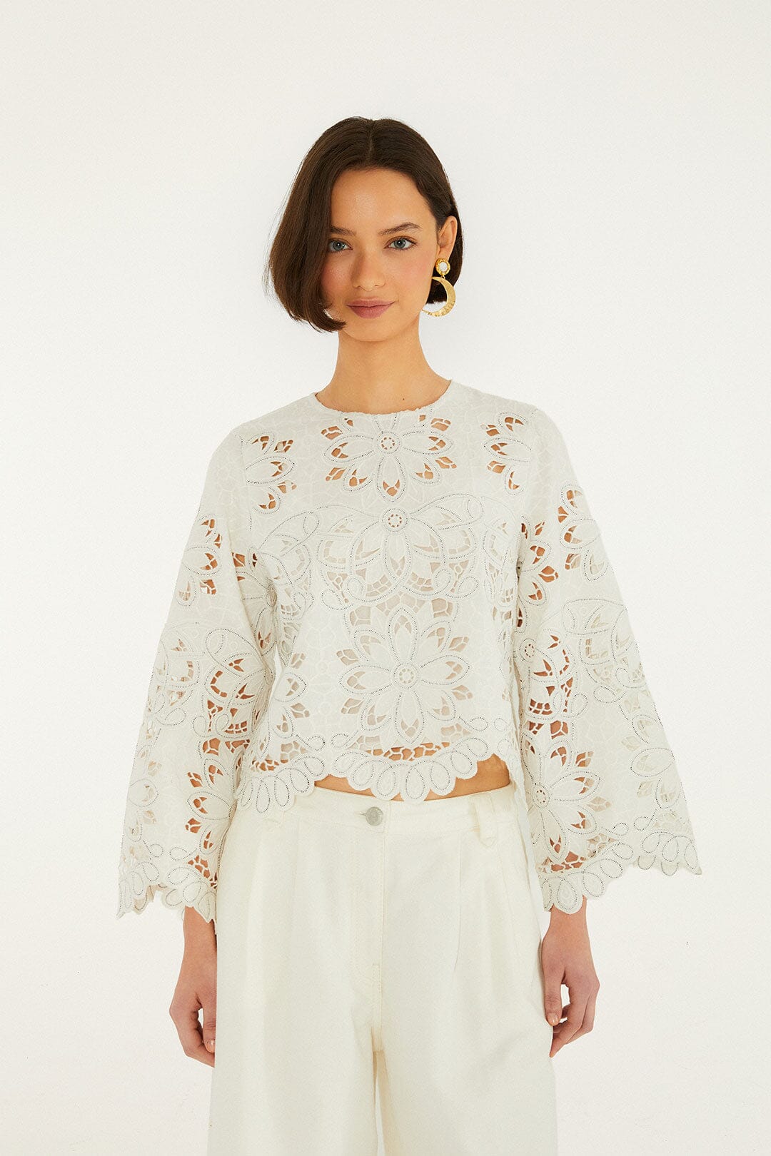 FARM Rio Shop Off-White Flowers Richelieu Long Sleeve Blouse