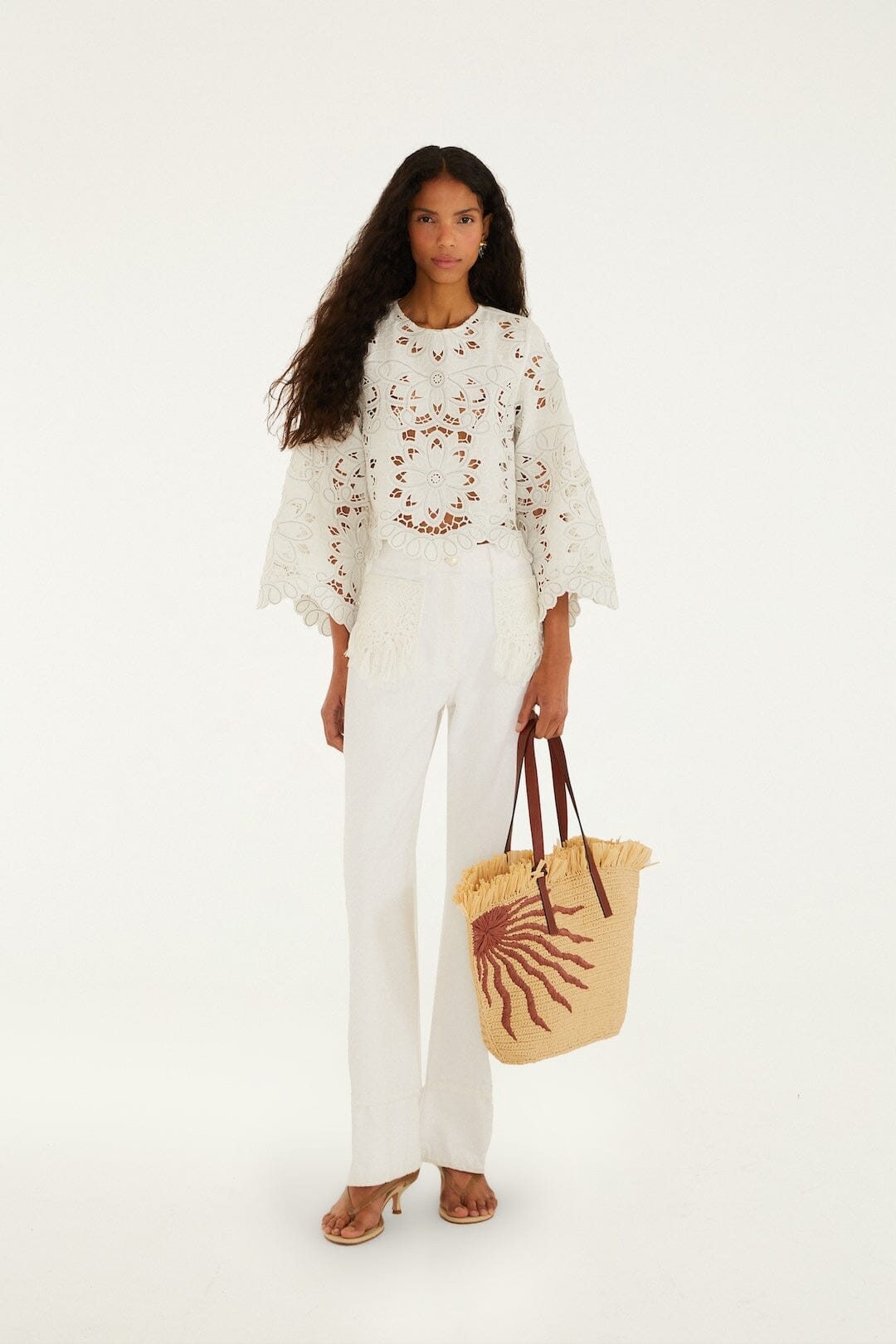 FARM Rio Shop Off-White Flowers Richelieu Long Sleeve Blouse