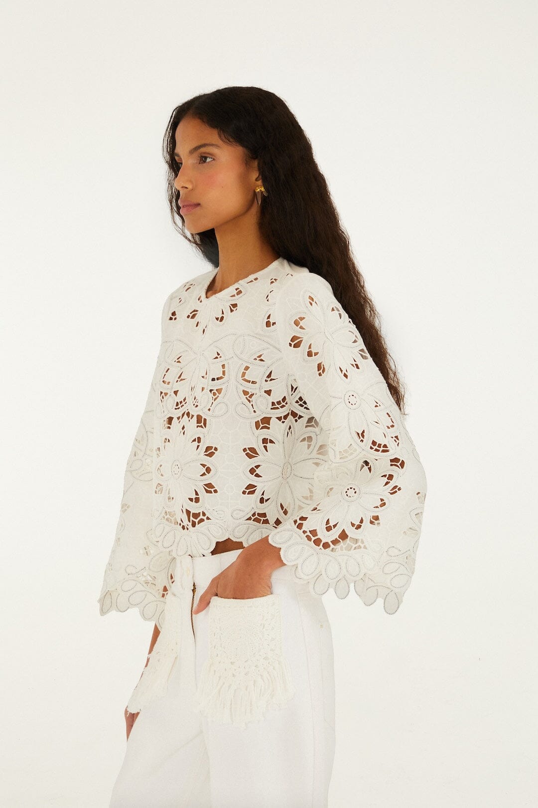 FARM Rio Shop Off-White Flowers Richelieu Long Sleeve Blouse