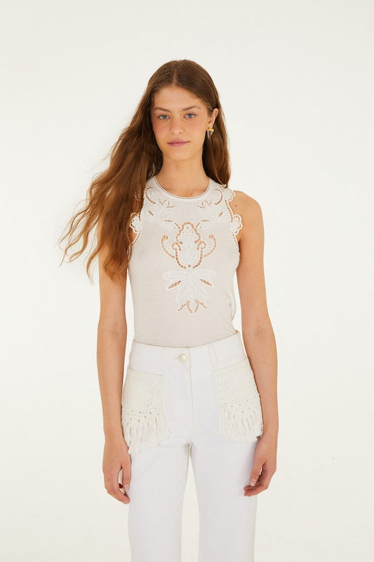 FARM Rio Shop Off-White Lace Sleeveless Organic Cotton Blouse