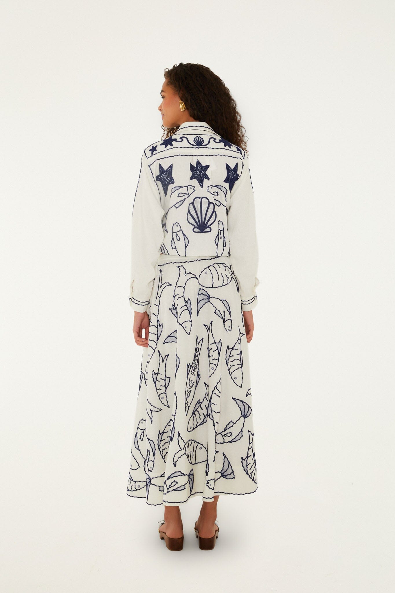 FARM Rio Shop Off-White Fresh Fish Embroidered Midi Skirt