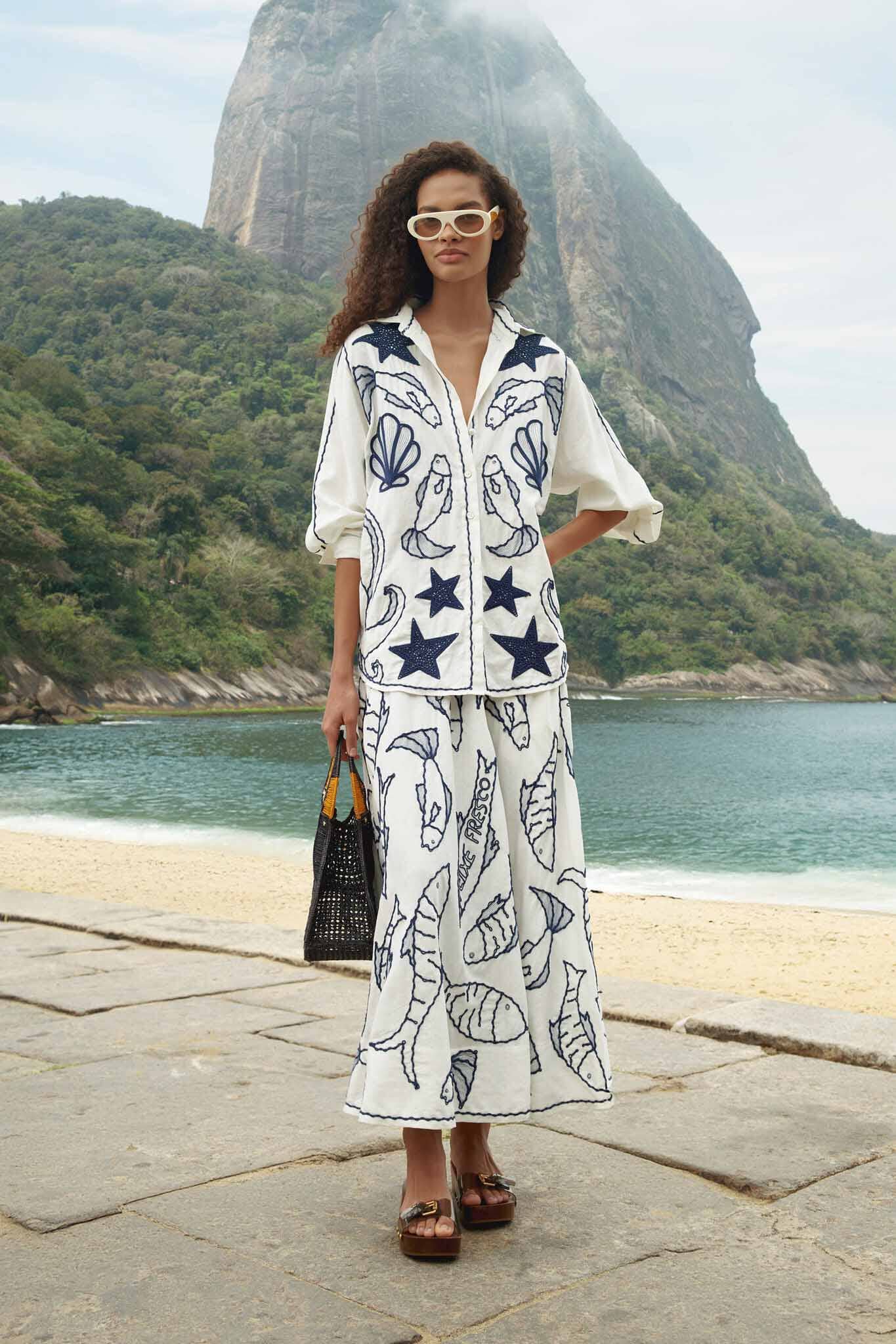 FARM Rio Shop Off-White Fresh Fish Embroidered Midi Skirt
