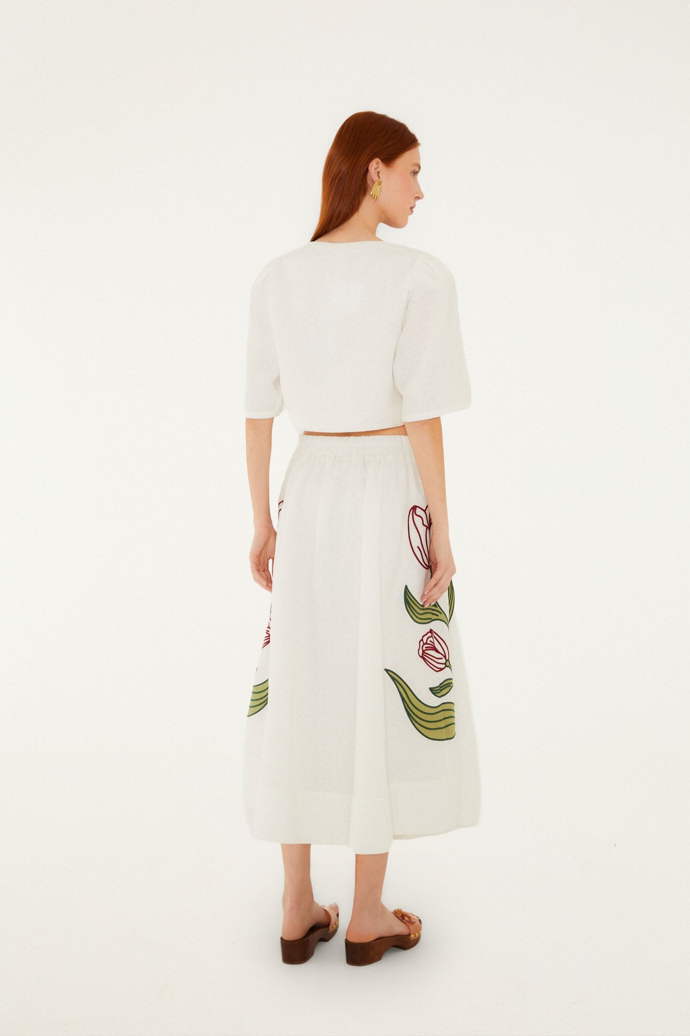 FARM Rio Shop Off-White Flower Embroidered Euroflax Premium Linen Midi Skirt