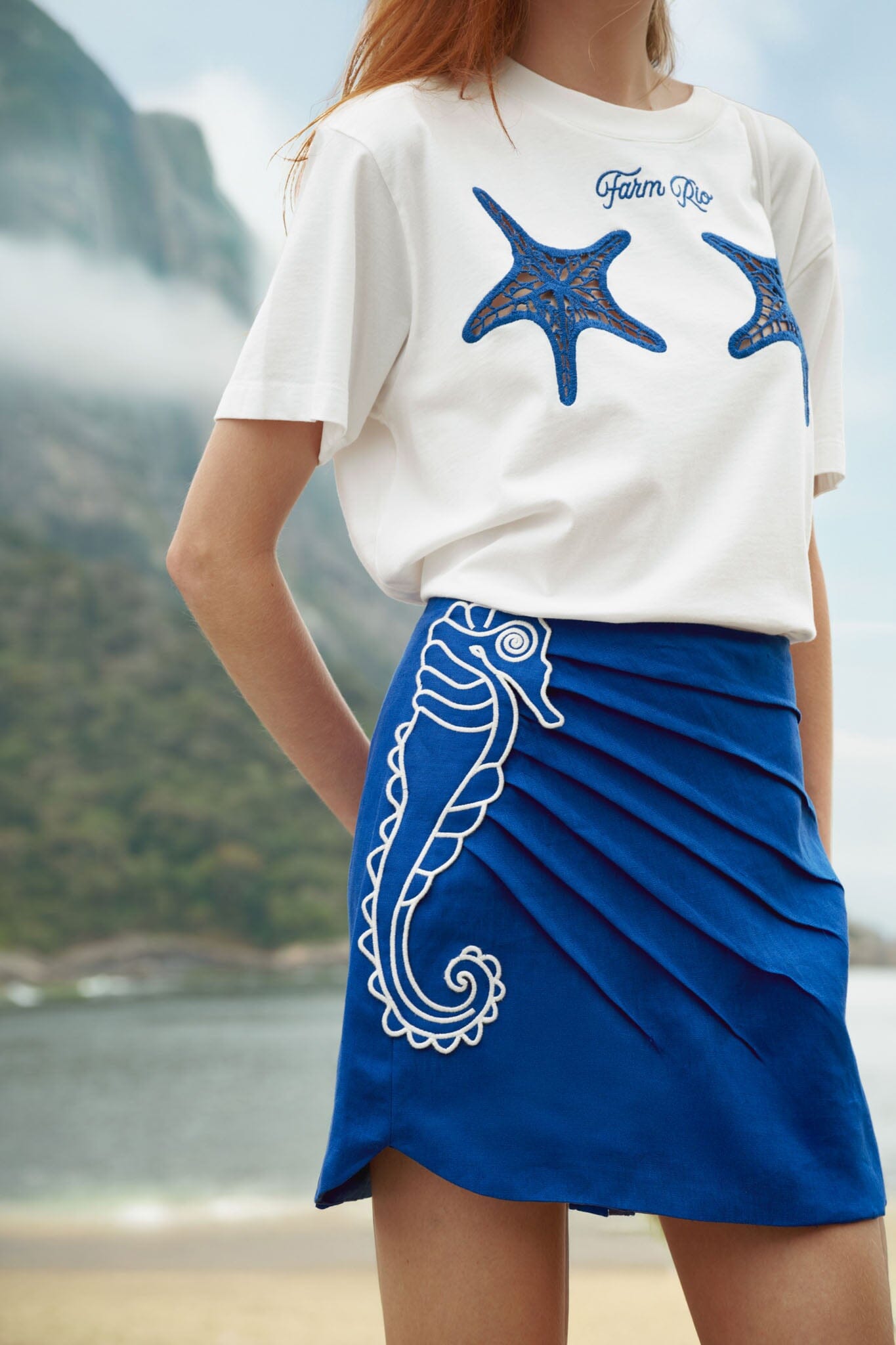 FARM Rio Shop Blue Seahorse Embroidery Euroflax Premium Linen Mini Skirt