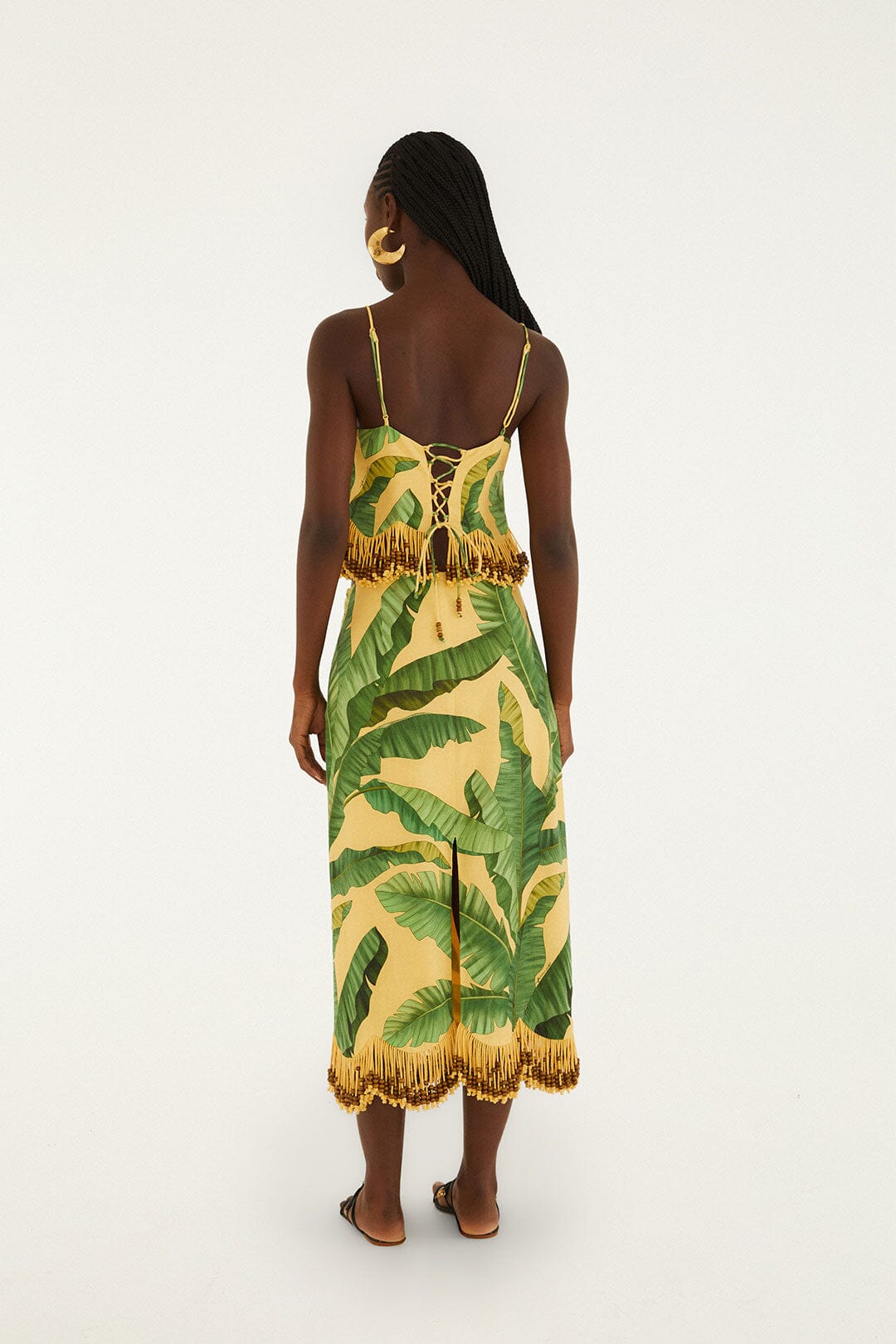 FARM Rio Shop Yellow Fruit Leaves Banana Beaded Fringes Maxi Skirt