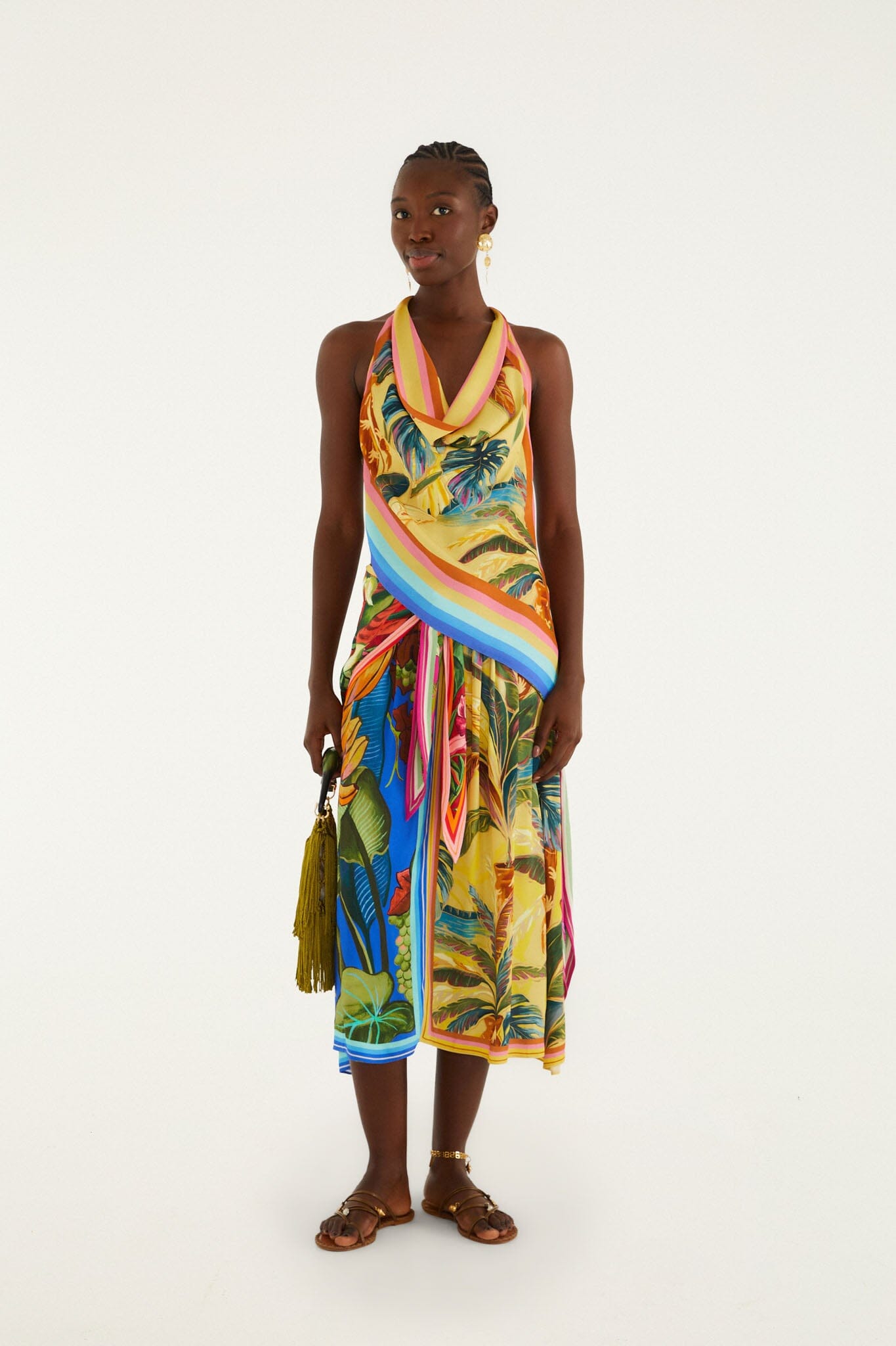 FARM Rio Shop Multicolor Rainbow Summer Mixed Scarves Lenzing Ecovero Viscose Midi Skirt