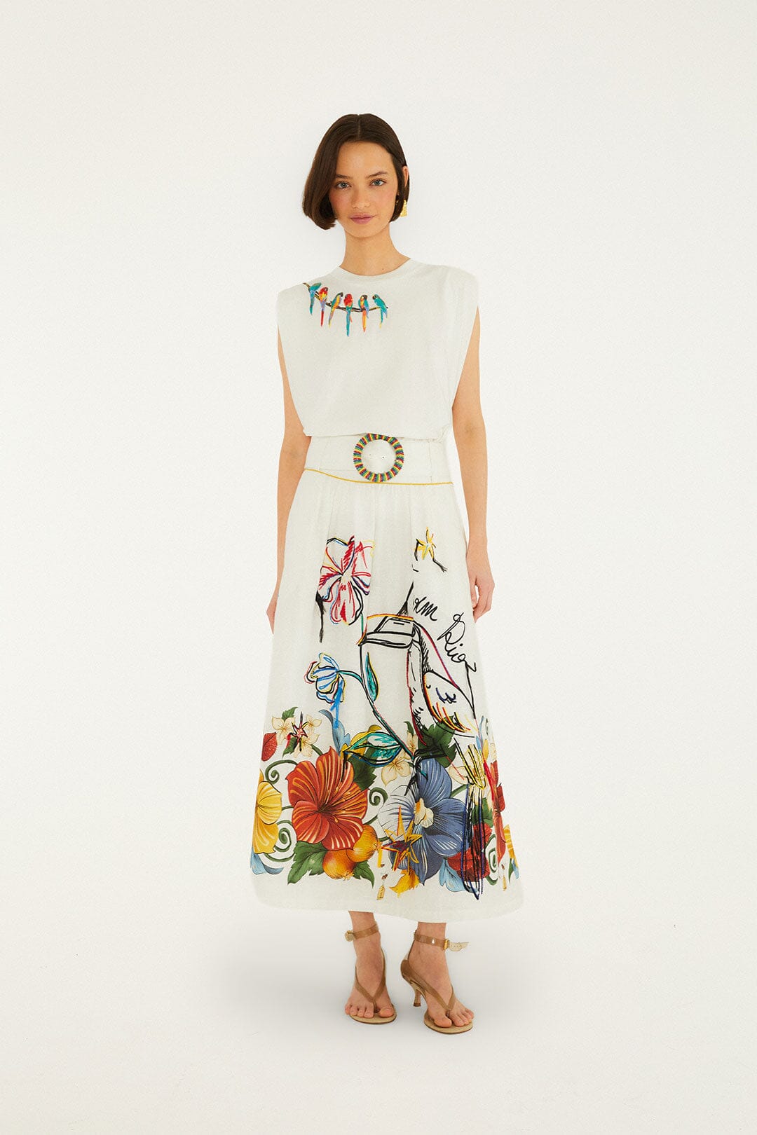 FARM Rio Shop Off-White Tropi Embroidered Euroflax Premium Linen Maxi Skirt