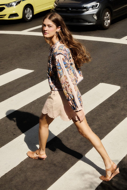 FARM Rio Shop Soft Pink Geometric Richelieu Twill Mini Skirt