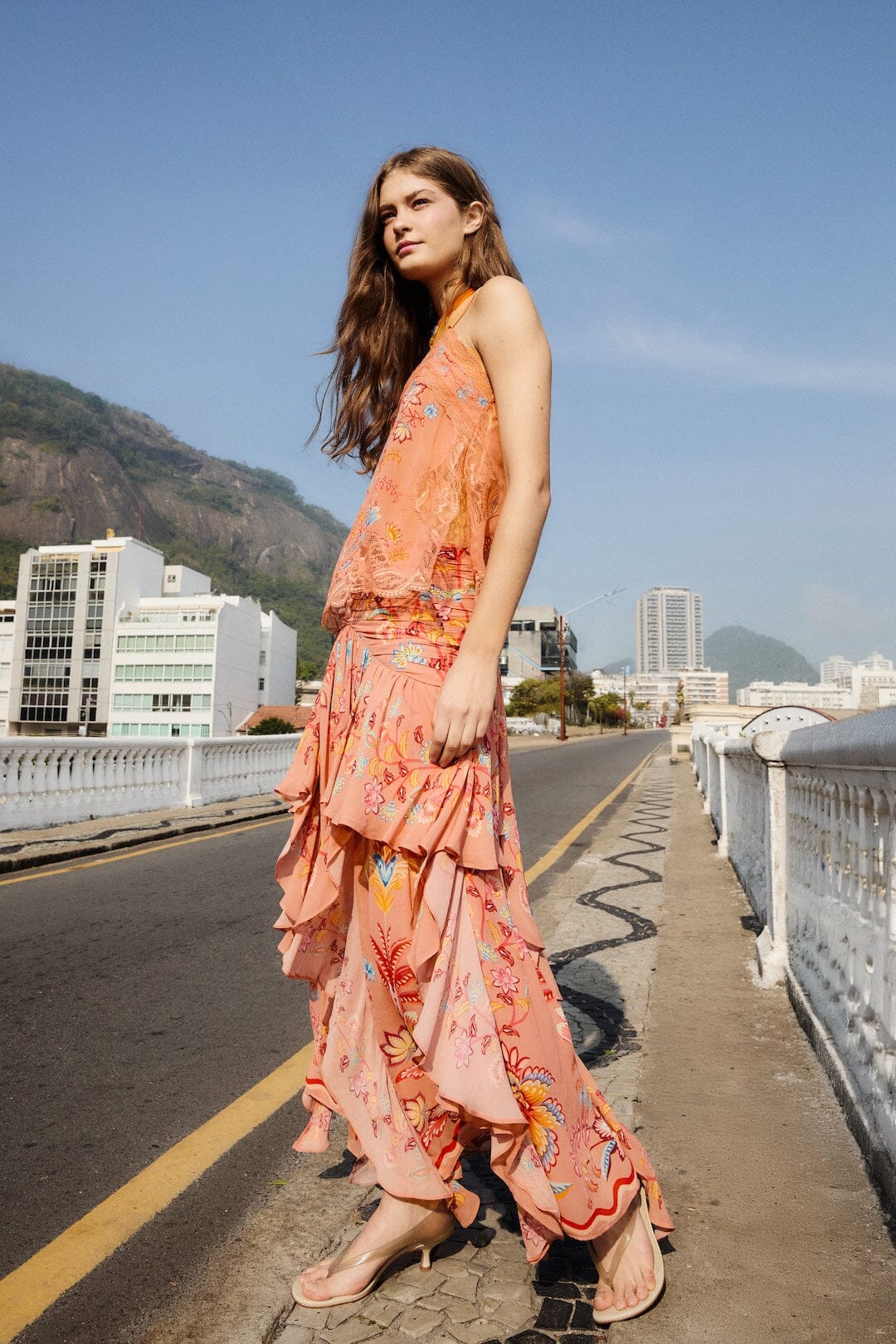 FARM Rio Shop Mocha Boho Enhance Ruched Ruffled Maxi Skirt