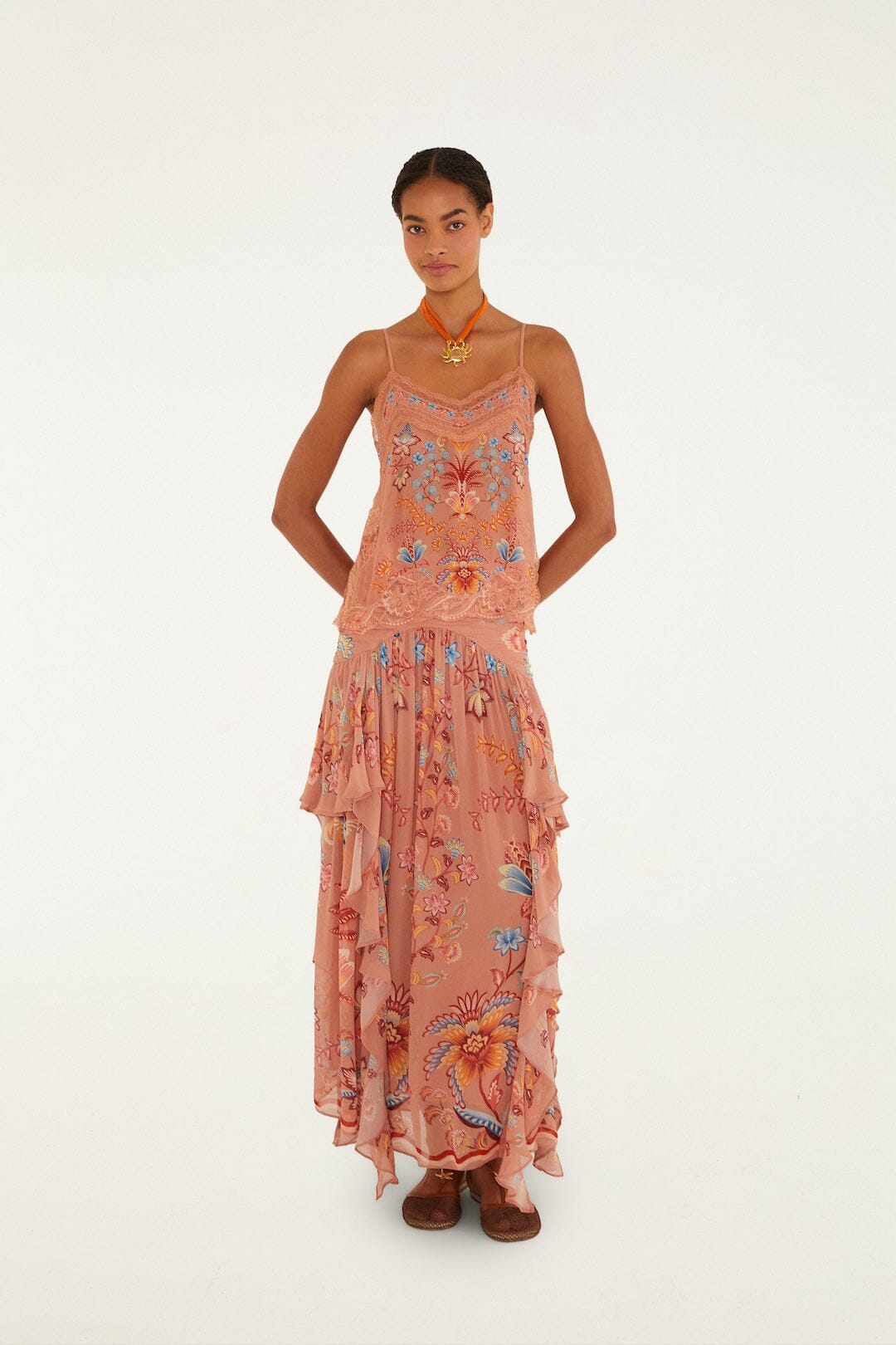 FARM Rio Shop Mocha Boho Enhance Ruched Ruffled Maxi Skirt