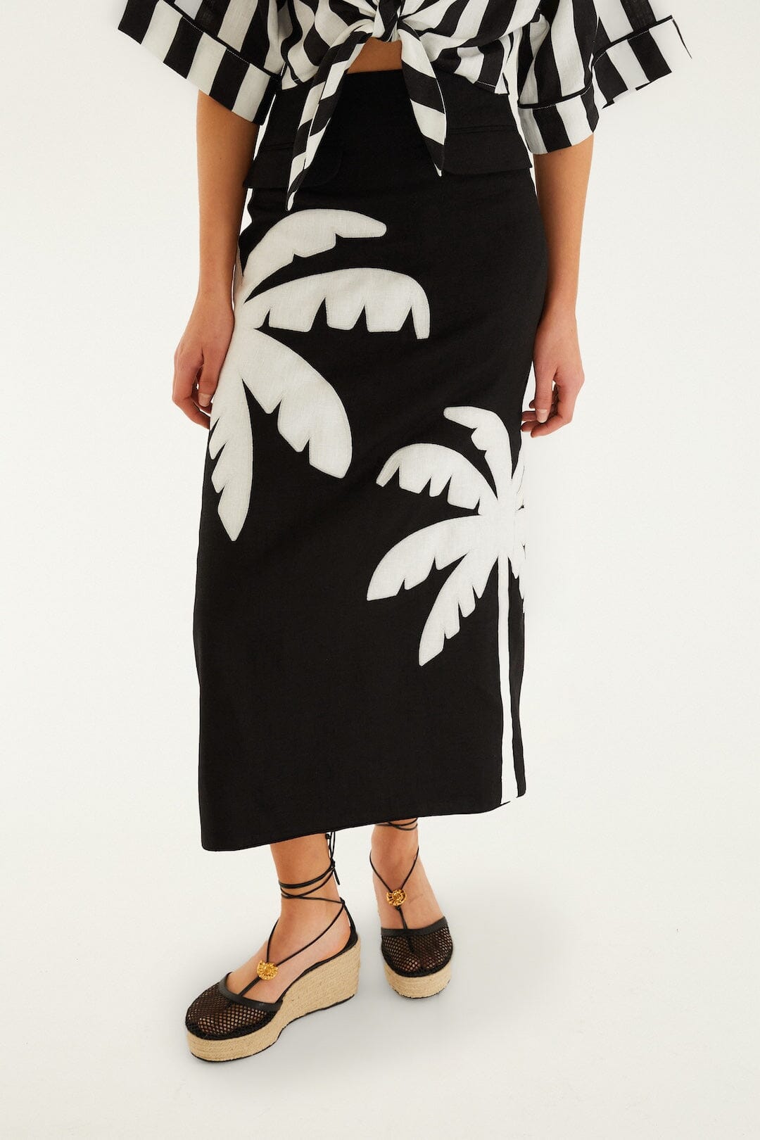 FARM Rio Shop Black Embroidered Palm Tree Euroflax Premium Linen Maxi Skirt