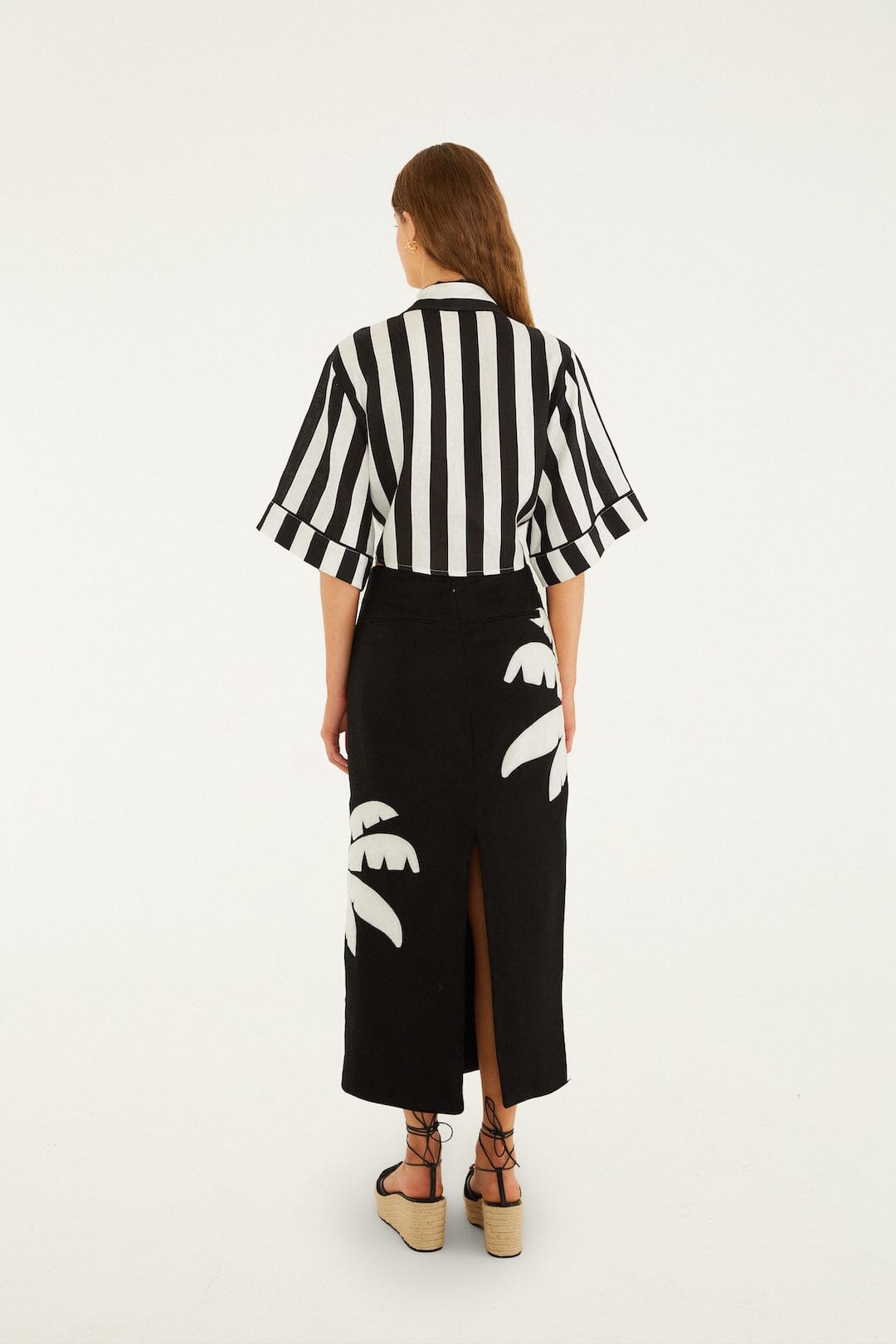 FARM Rio Shop Black Embroidered Palm Tree Euroflax Premium Linen Maxi Skirt