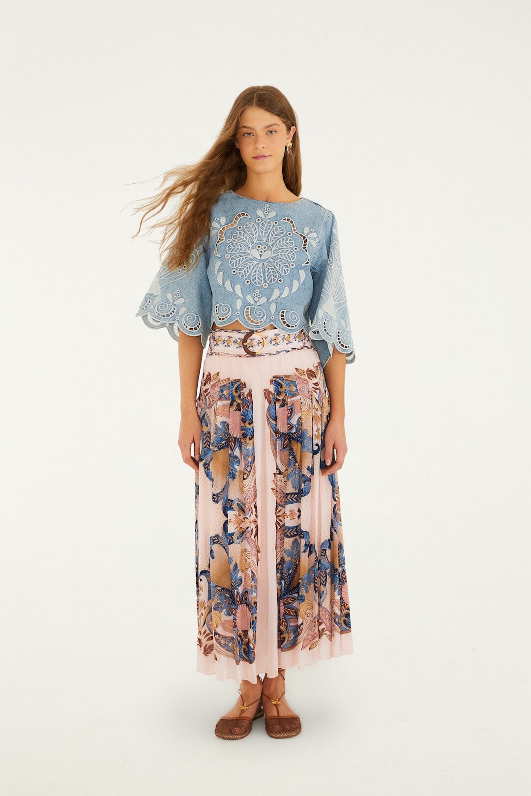 FARM Rio Shop Soft Pink Sea Garden Scarf Pleated Maxi Skirt